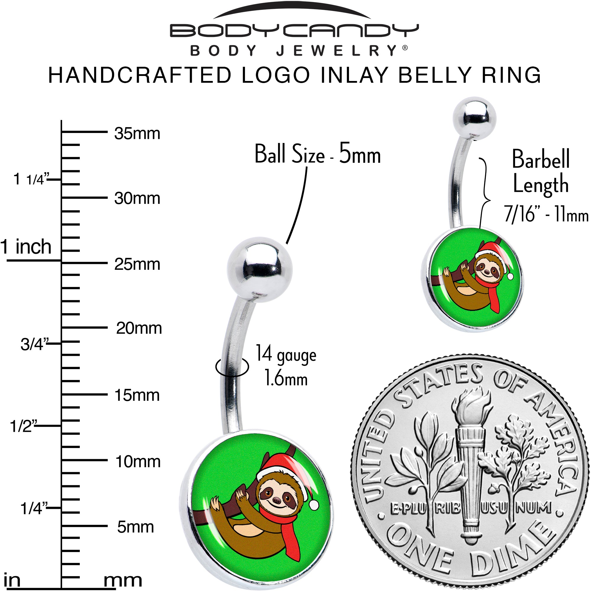 Holiday Santa Sloth  Stainless Steel Belly Ring perfect for sensitive skin