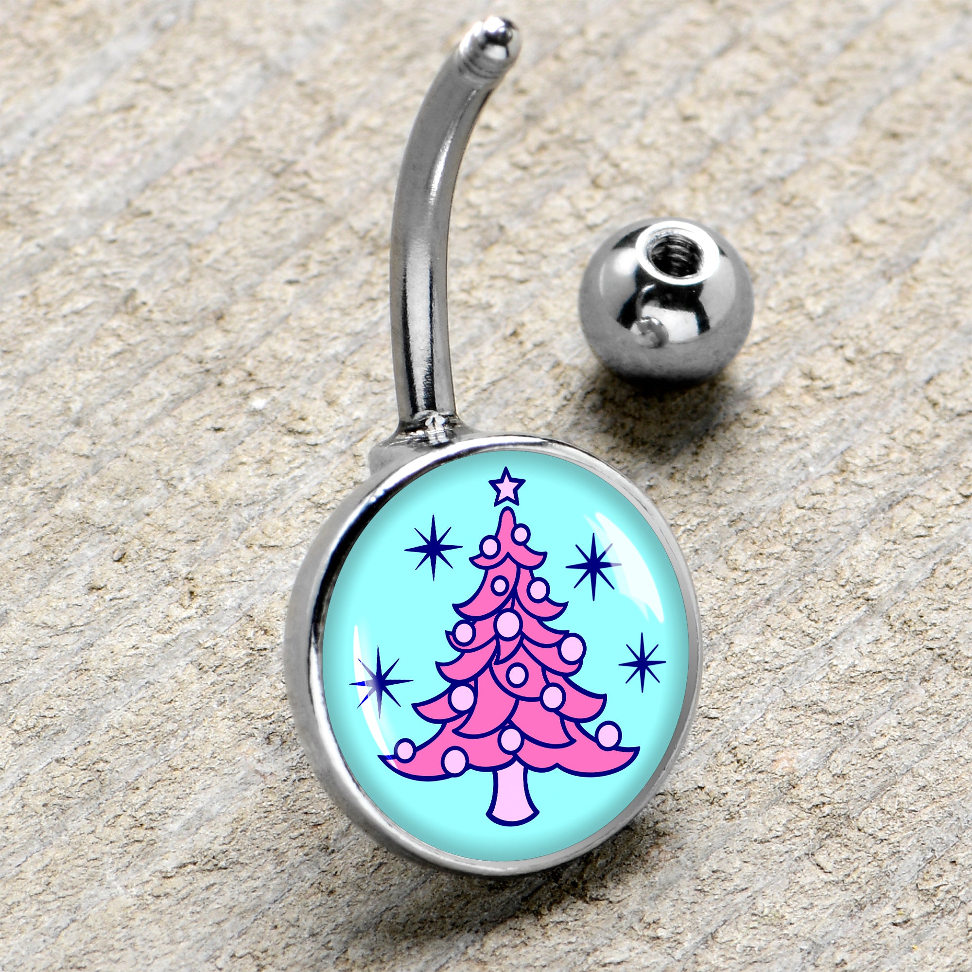 Pastel Christmas Tree Holiday  Stainless Steel Belly Ring handmade design