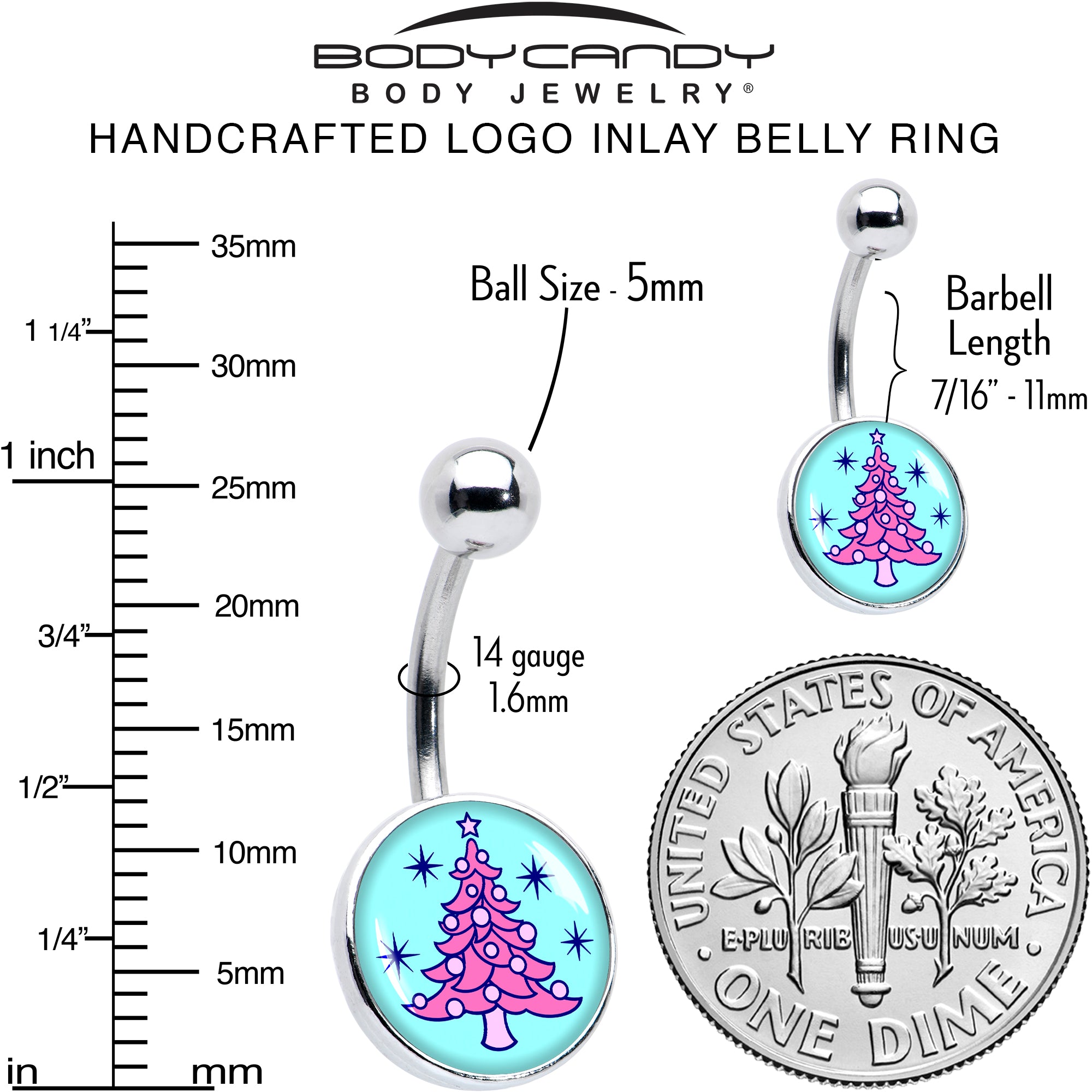 Pastel Christmas Tree Holiday  Stainless Steel Belly Ring perfect for sensitive skin