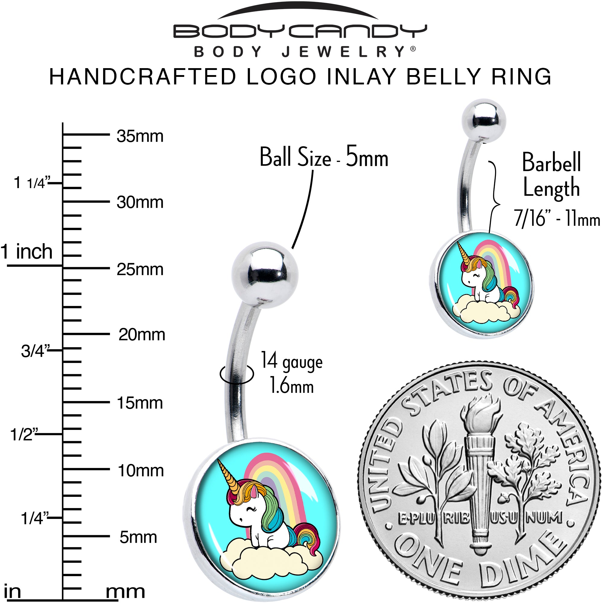 Rainbow Unicorn  Stainless Steel Belly Ring perfect for sensitive skin