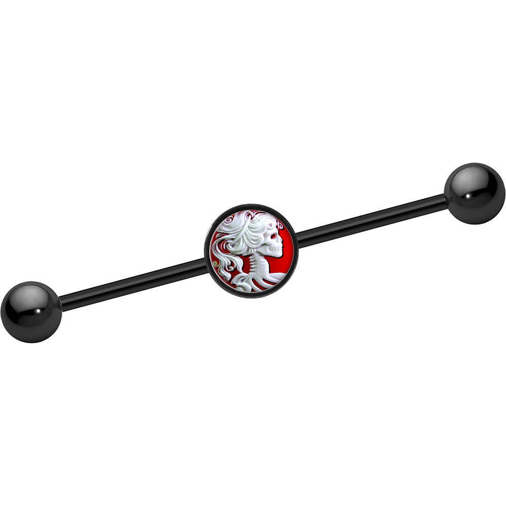 14 Gauge Black Anodized Skull Cameo Industrial Barbell 37mm