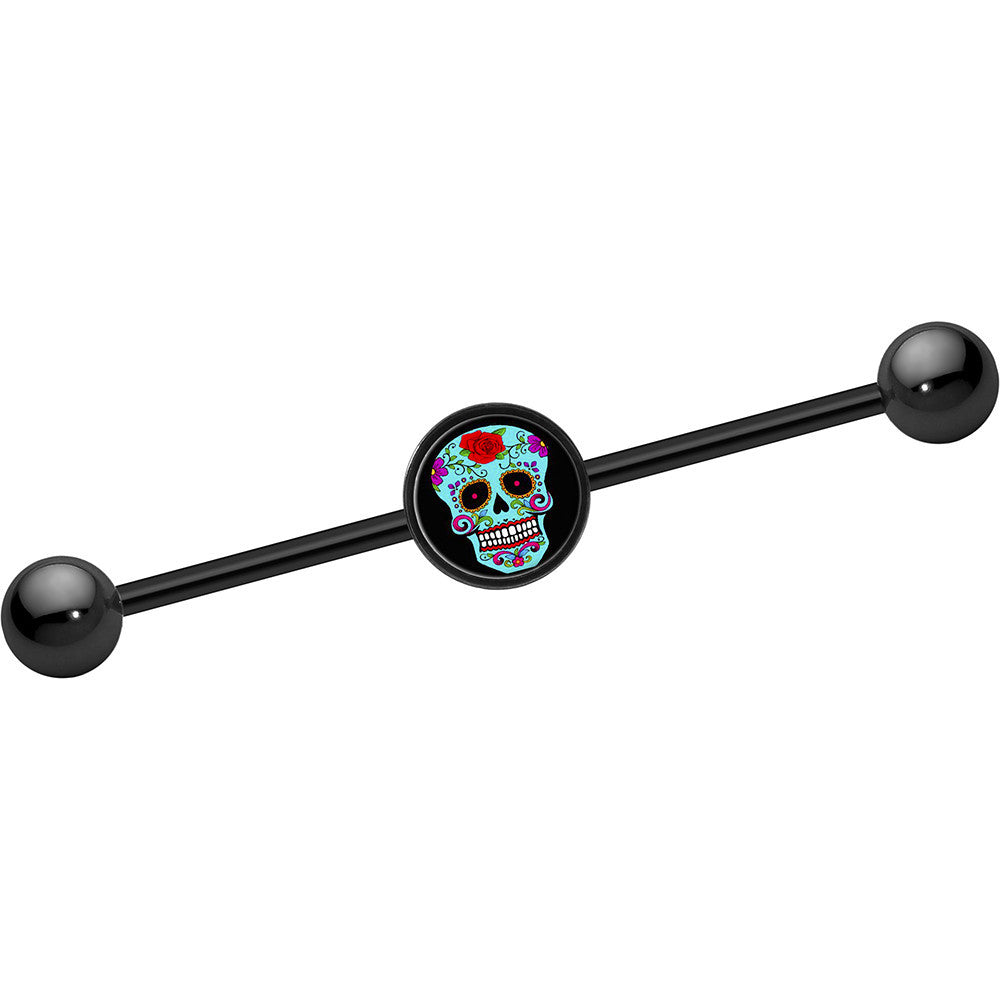 14G Black Anodized Sugar Skull Industrial Barbell 37mm