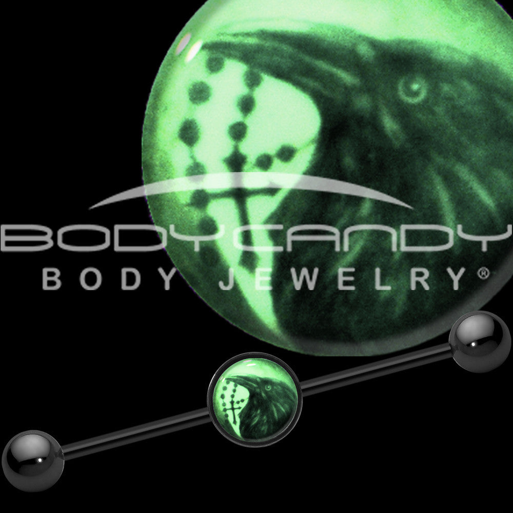 14G Black Glow in the Dark Raven Cross Industrial Barbell 37mm