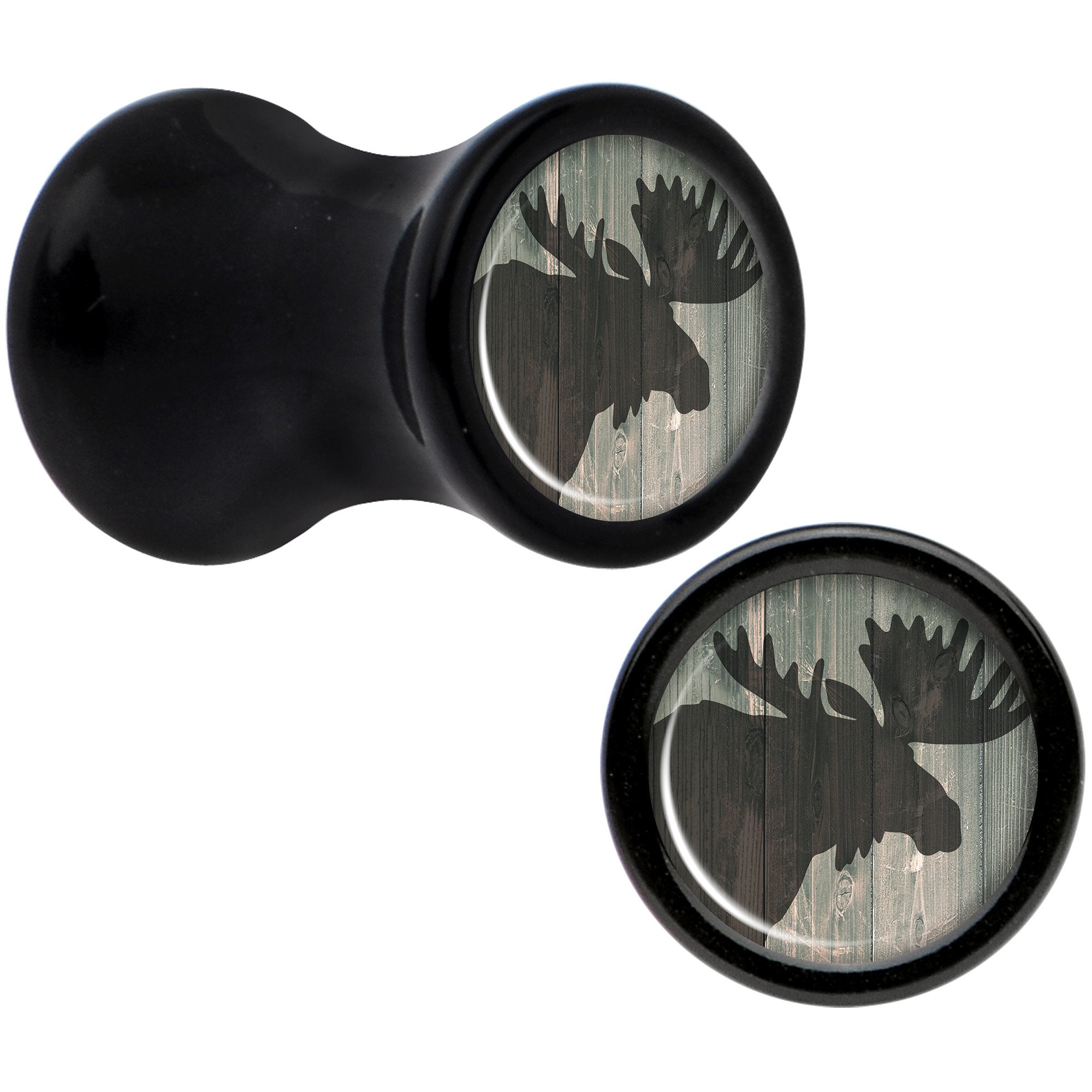 Holiday Rustic Wood Moose Black Acrylic Saddle Plug Set Sizes 5mm to 20mm