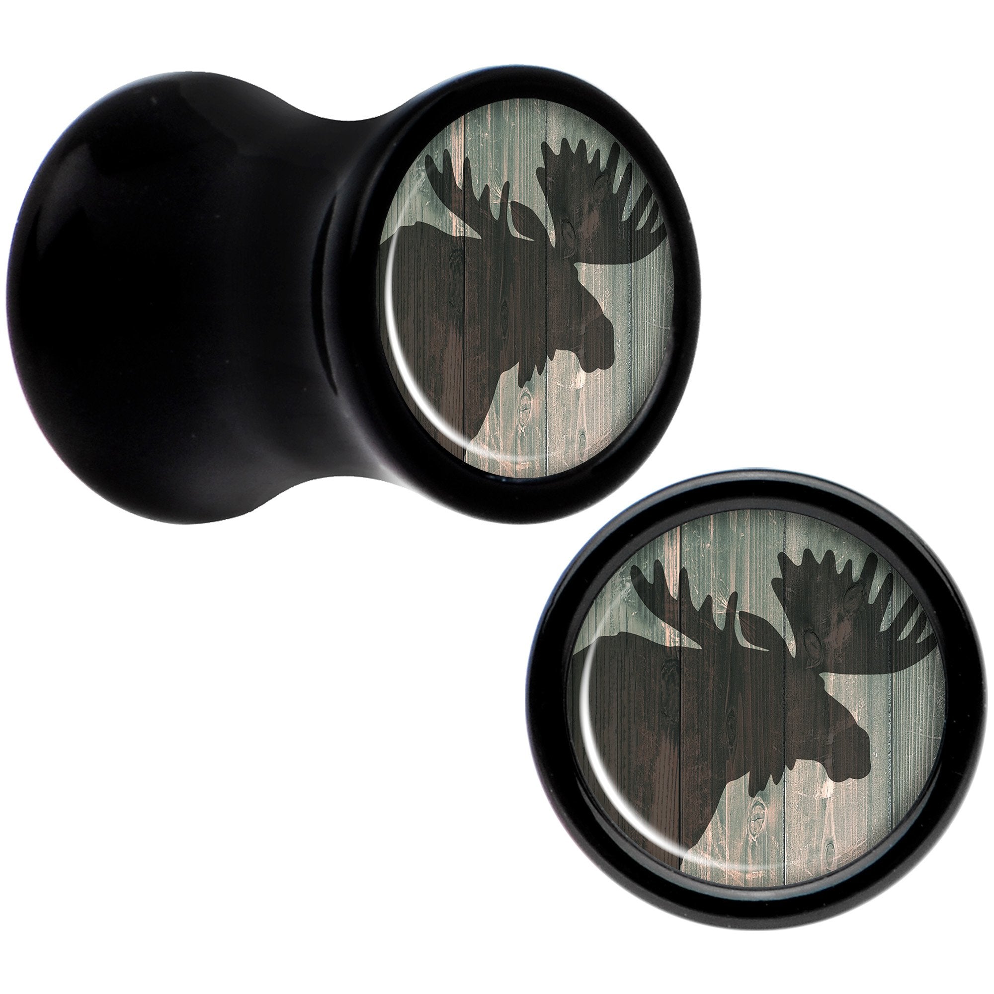 Holiday Rustic Wood Moose Black Acrylic Saddle Plug Set Sizes 5mm to 20mm