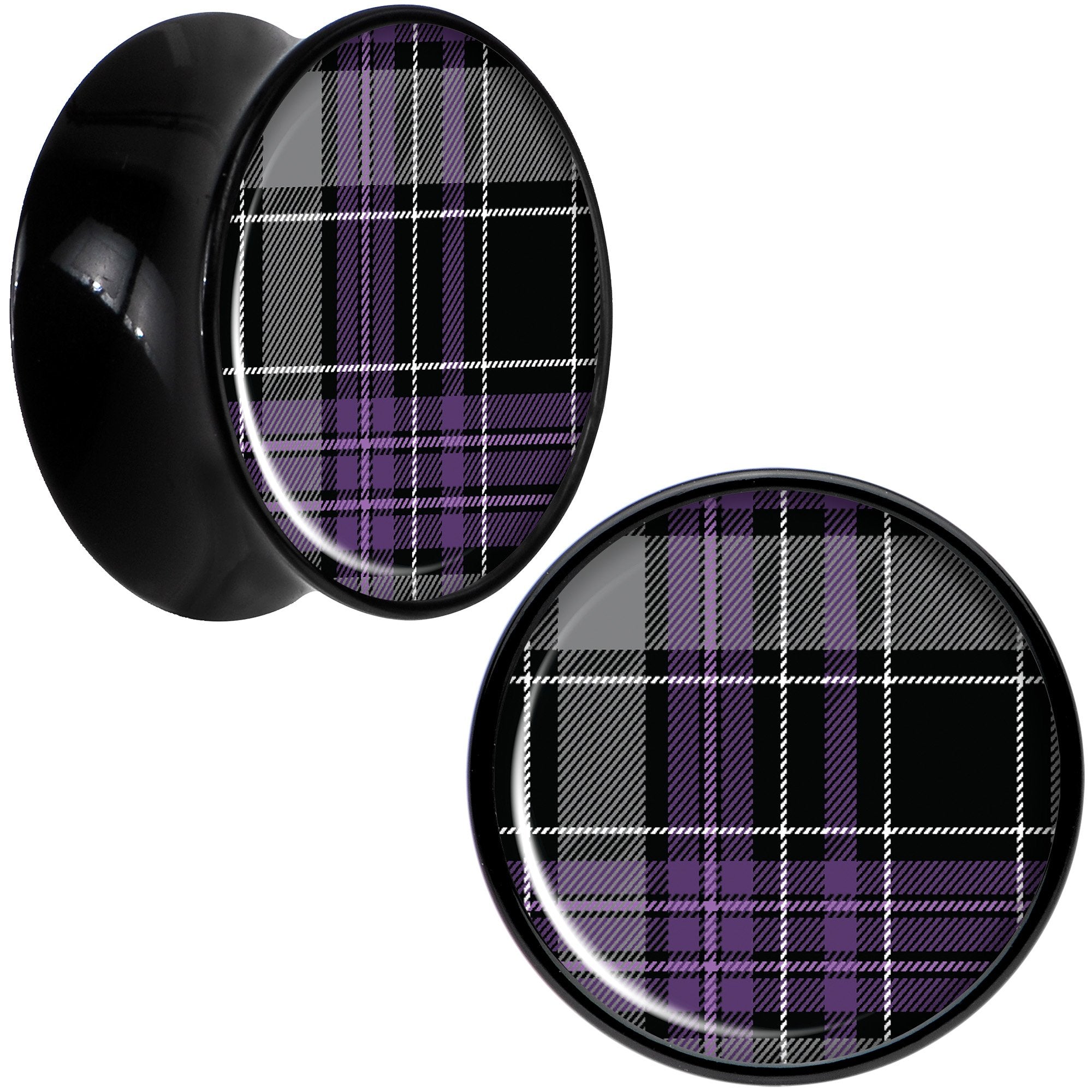 Winter Purple Black Plaid Black Acrylic Saddle Plug Set Sizes 5mm to 20mm