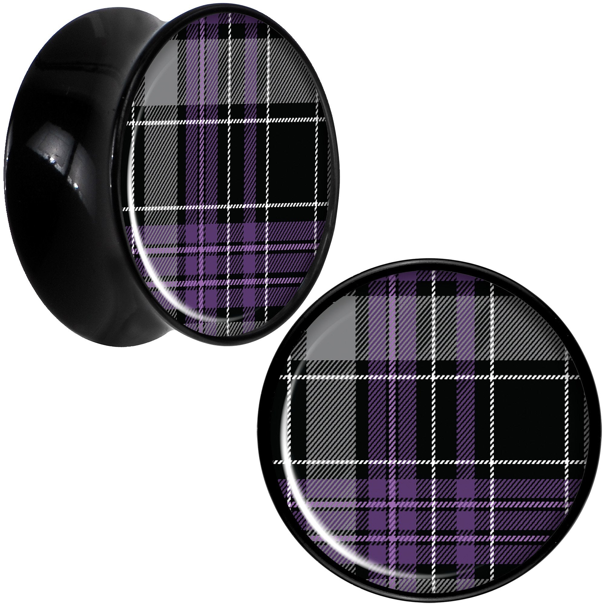 Winter Purple Black Plaid Black Acrylic Saddle Plug Set Sizes 5mm to 20mm