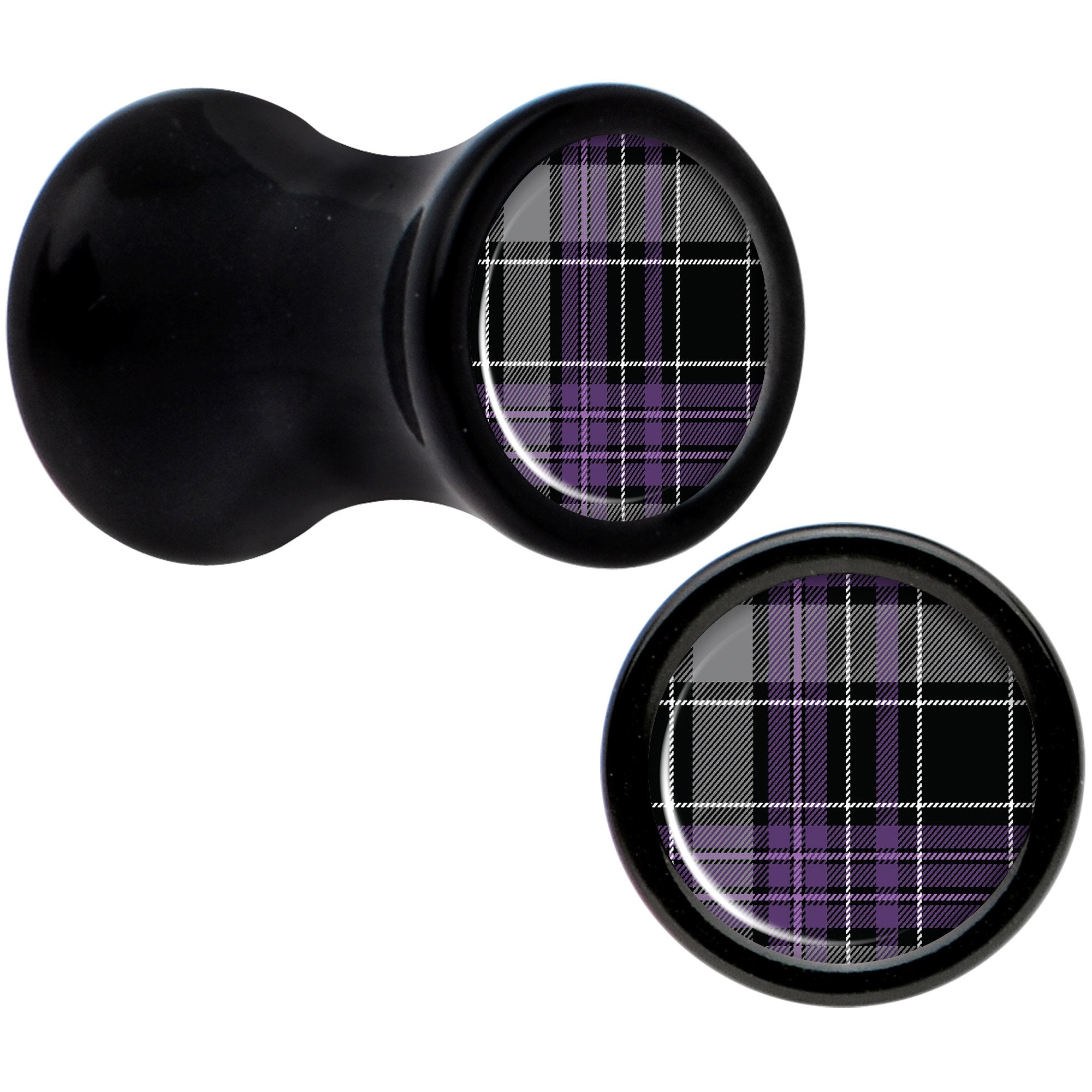 Winter Purple Black Plaid Black Acrylic Saddle Plug Set Sizes 5mm to 20mm