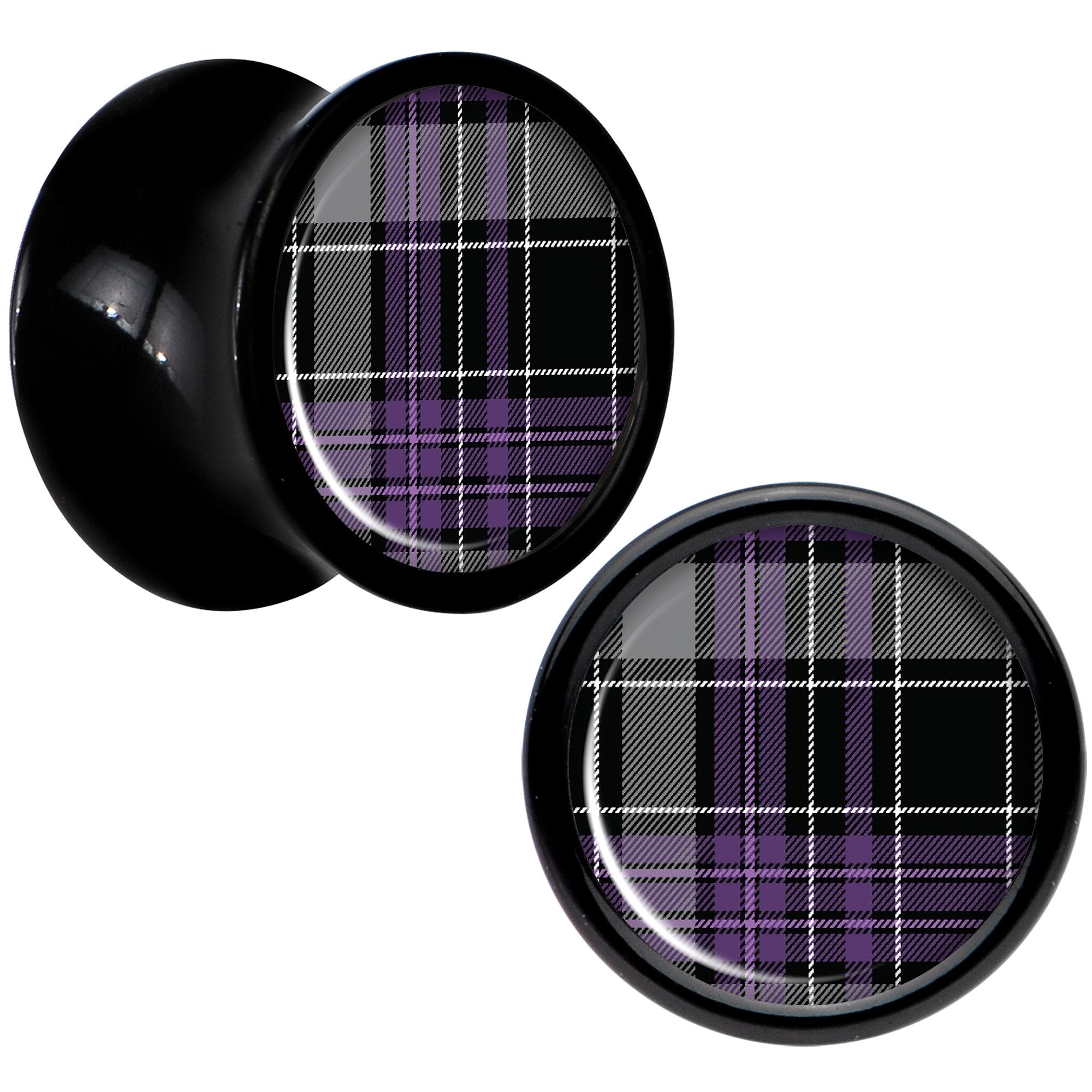 Winter Purple Black Plaid Black Acrylic Saddle Plug Set Sizes 5mm to 20mm