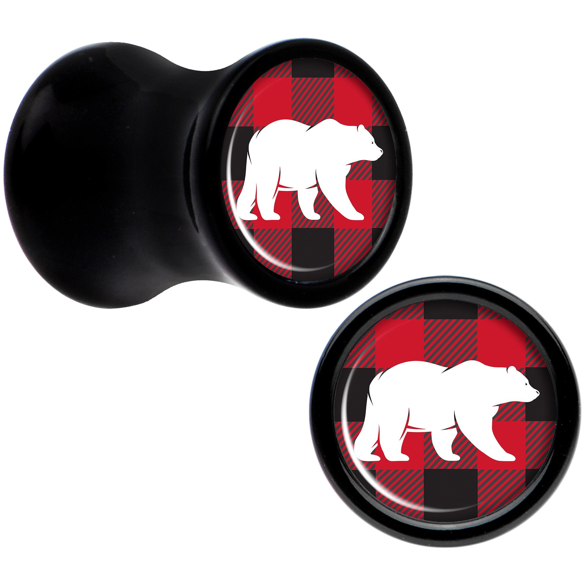 Red Black Plaid Polar Bear Black Acrylic Saddle Plug Set Sizes 5mm to 20mm