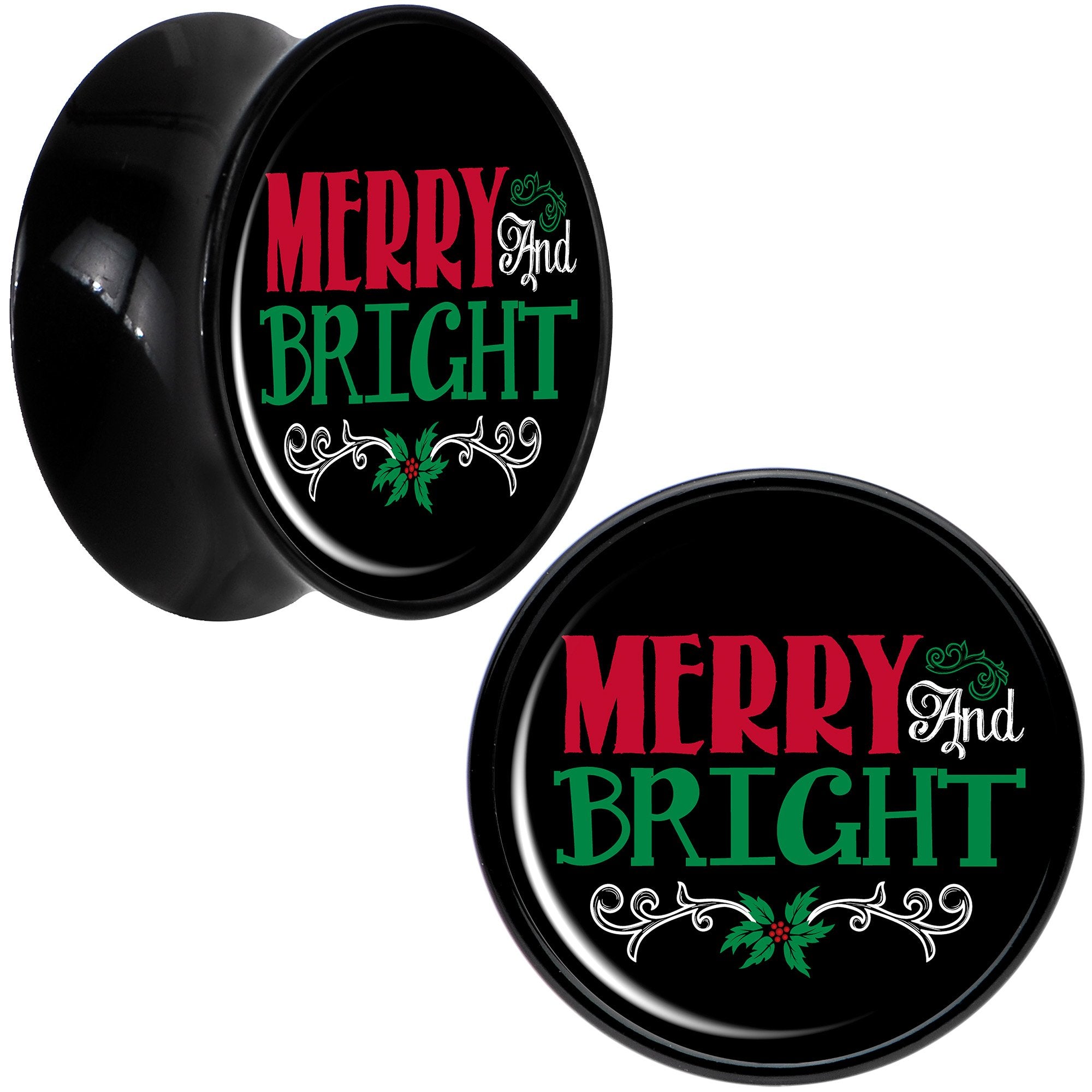 Christmas Merry and Bright Black Acrylic Saddle Plug Set Sizes 8mm to 20mm