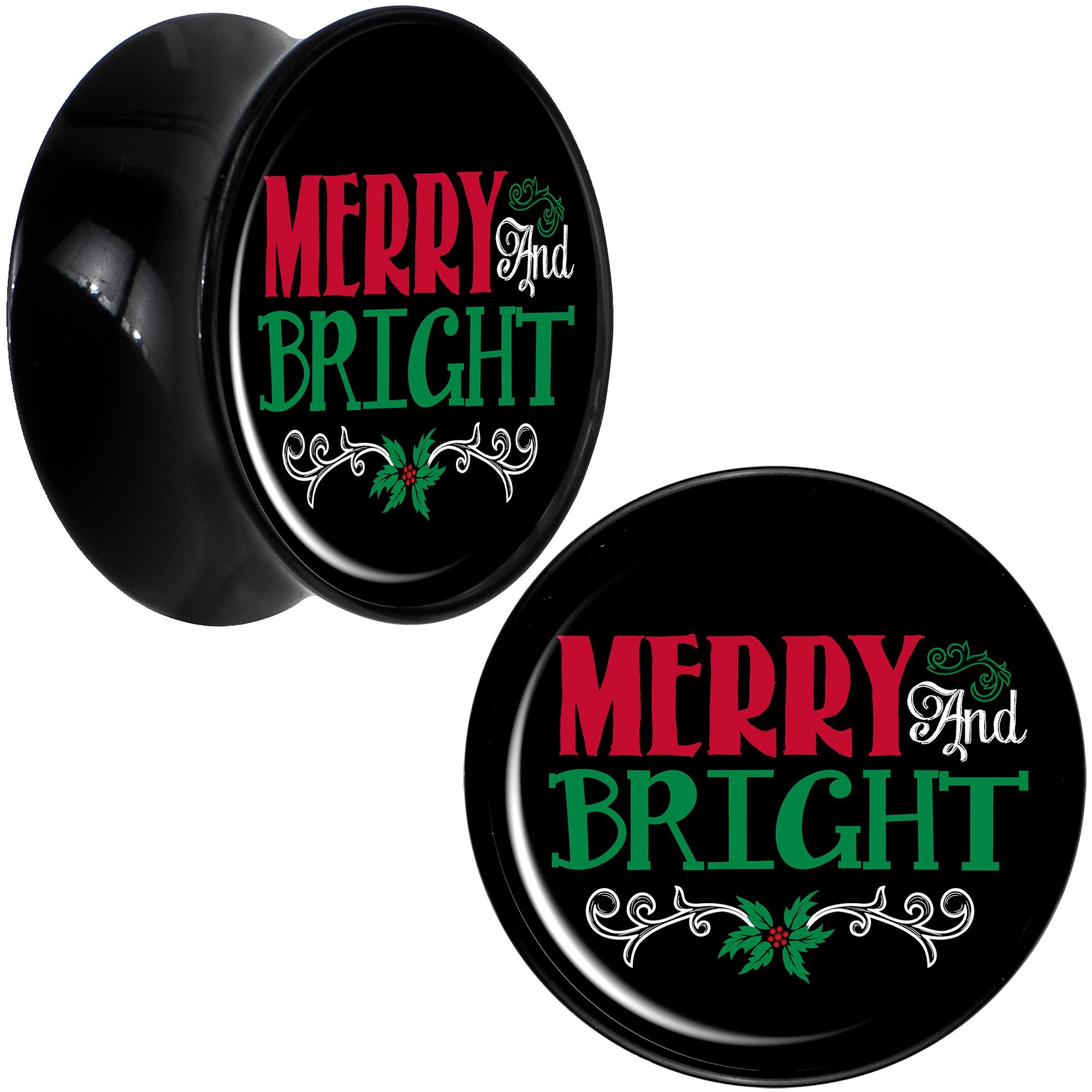 Christmas Merry and Bright Black Acrylic Saddle Plug Set Sizes 8mm to 20mm