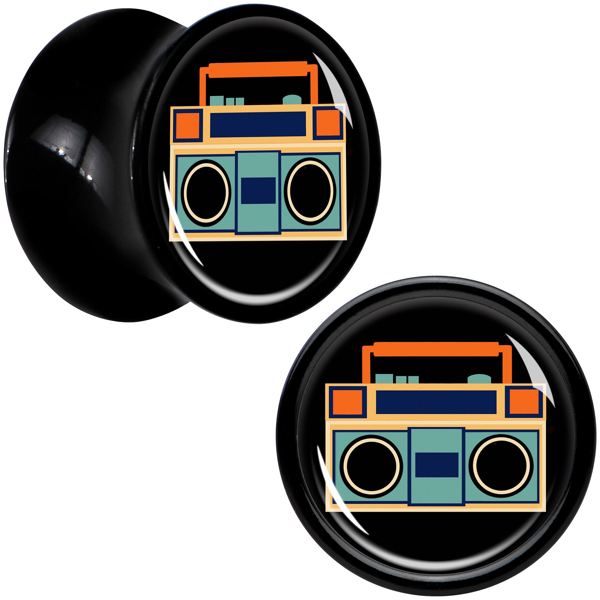 Black Acrylic Retro Boombox Double Flare Plug Set by Onyx O