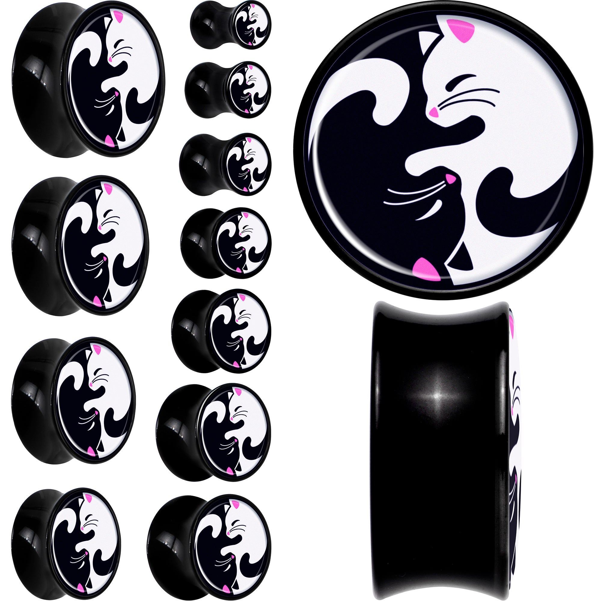 Black Acrylic Cute Kitty Cat Yin Yang Double Flare Plug Set by Onyx O