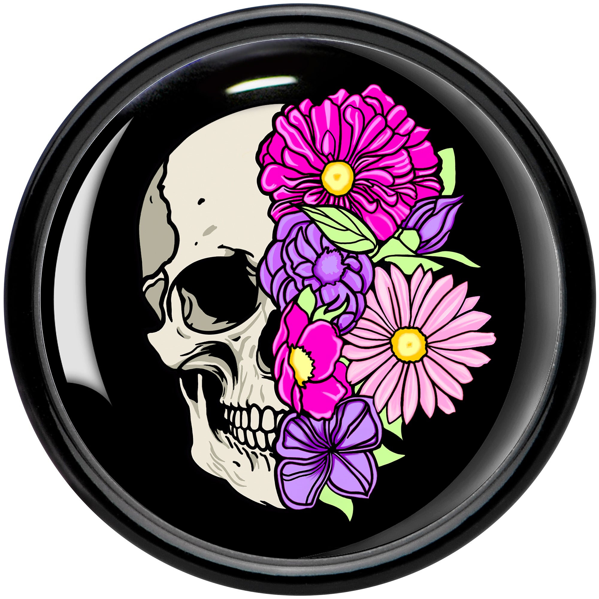 Floral Flowers Skull Black Acrylic Saddle Plug Set 8mm to 20mm