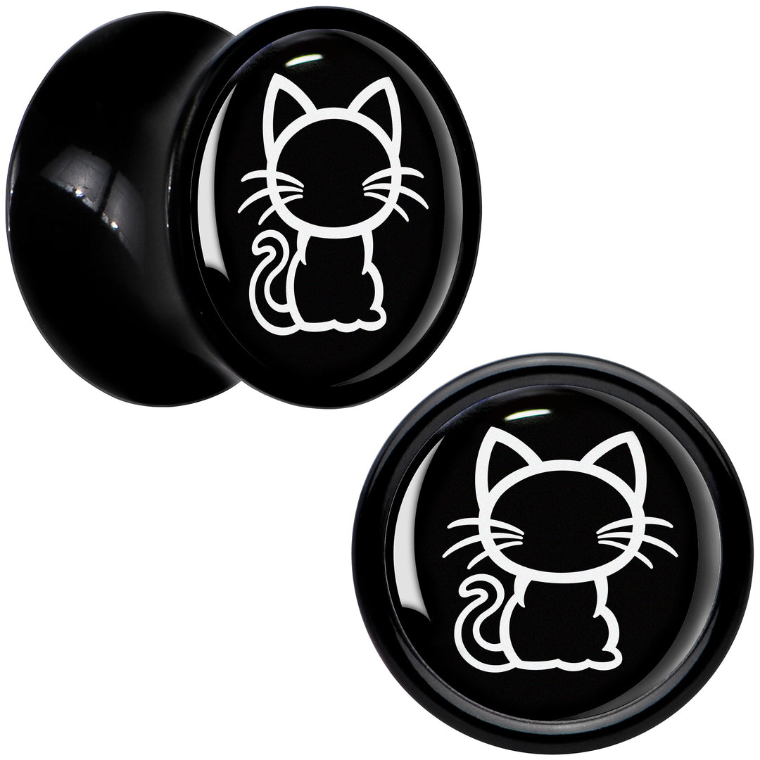 Black and White Kitty Cat Black Acrylic Saddle Plug Set 8mm to 20mm by Onyx O