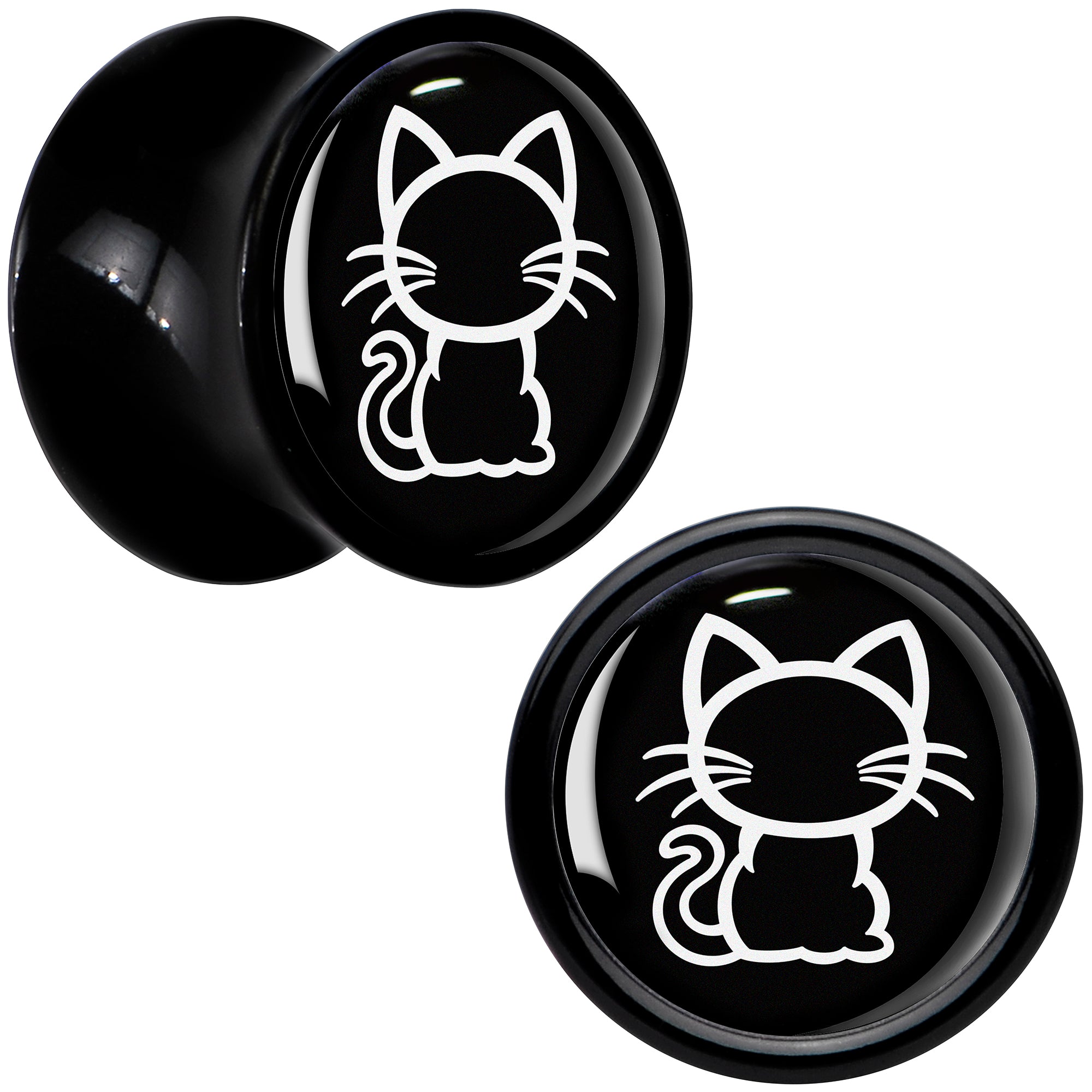 Black and White Kitty Cat Black Acrylic Saddle Plug Set 8mm to 20mm