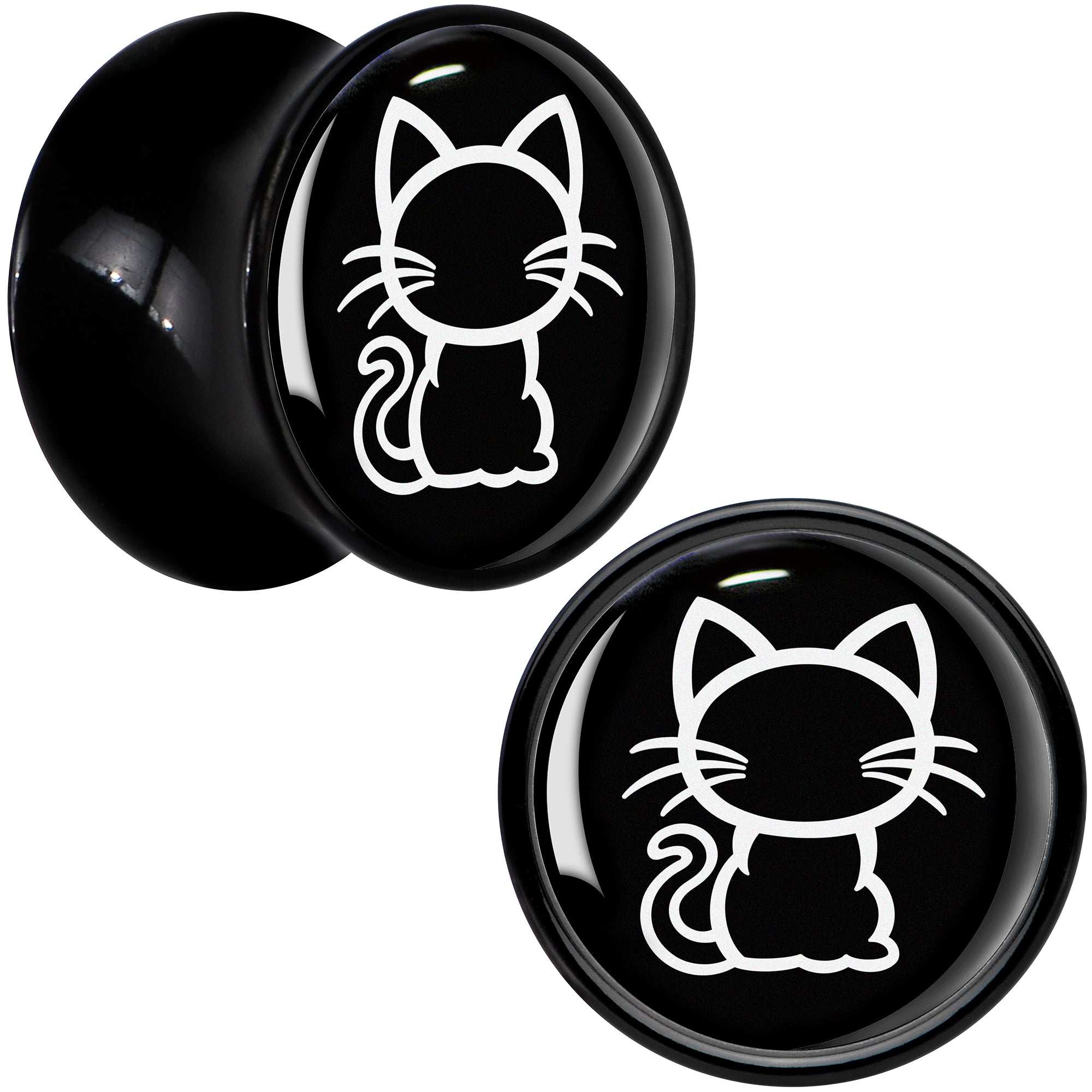 Black and White Kitty Cat Black Acrylic Saddle Plug Set 8mm to 20mm