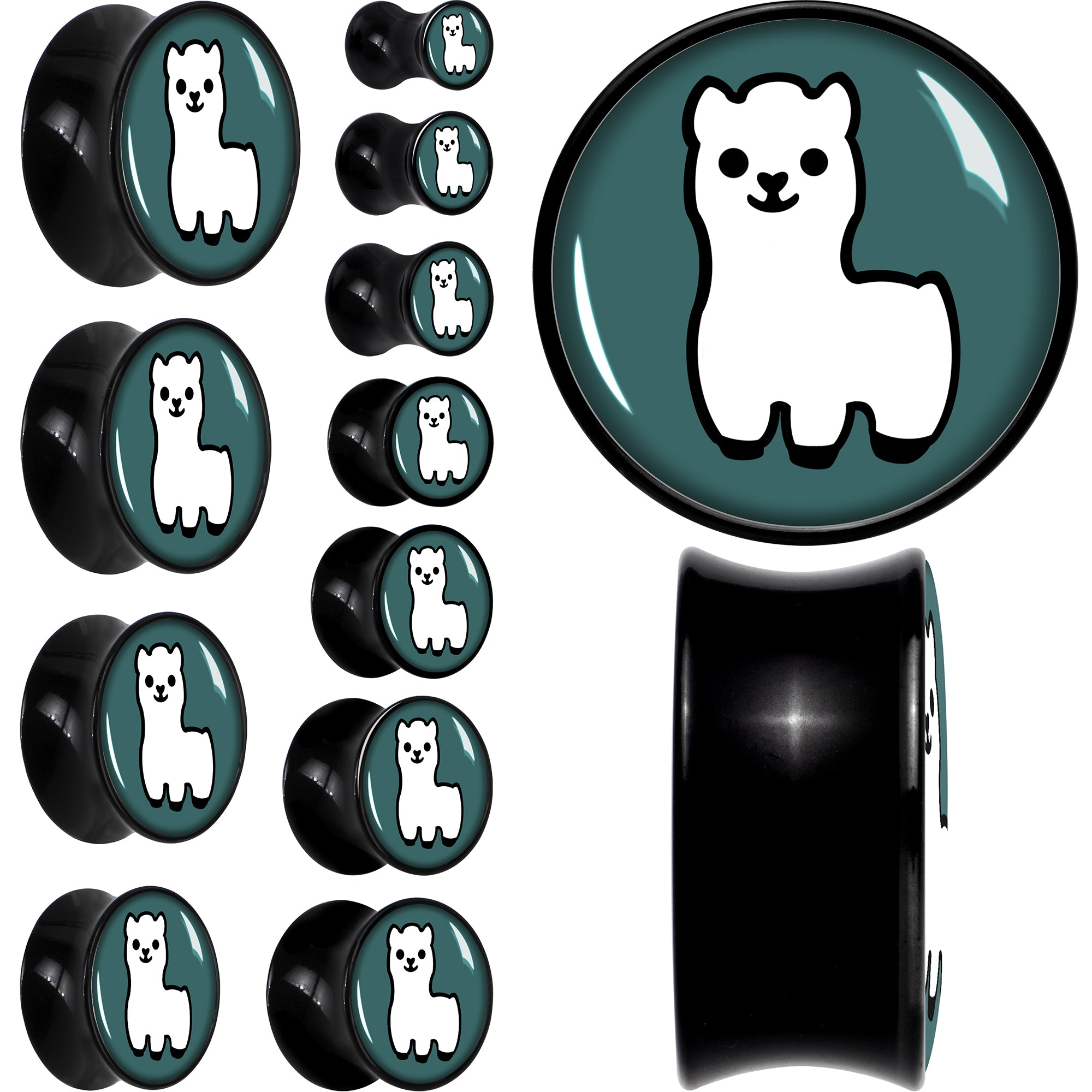 White Llama Black Acrylic Saddle Plug Set 8mm to 20mm by Onyx O