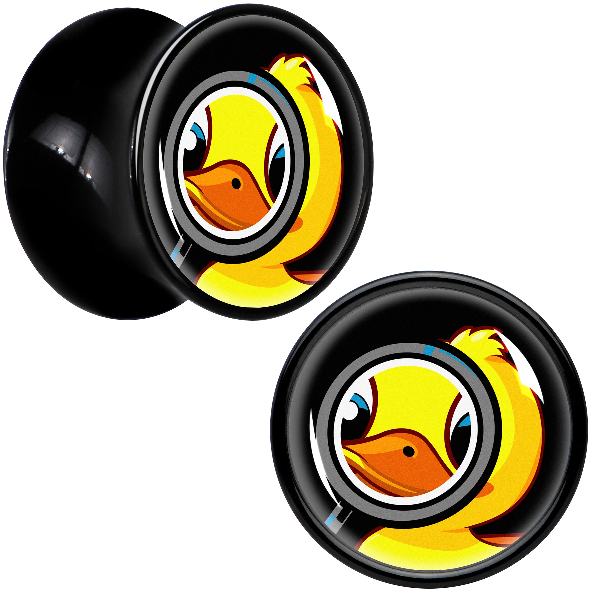 Magnified Yellow Duck Black Acrylic Saddle Plug Set 8mm to 20mm by Onyx O