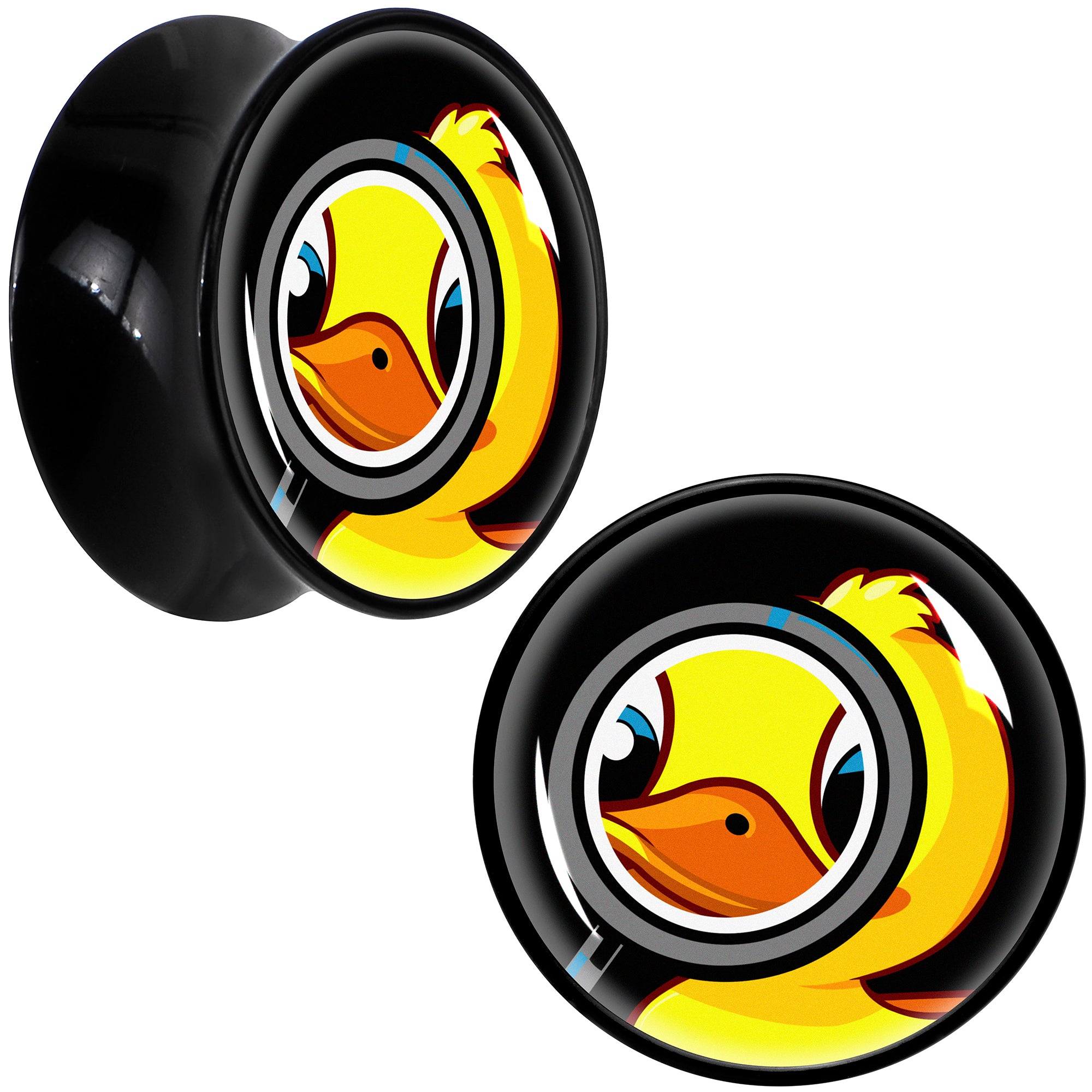 Magnified Yellow Duck Black Acrylic Saddle Plug Set 8mm to 20mm by Onyx O
