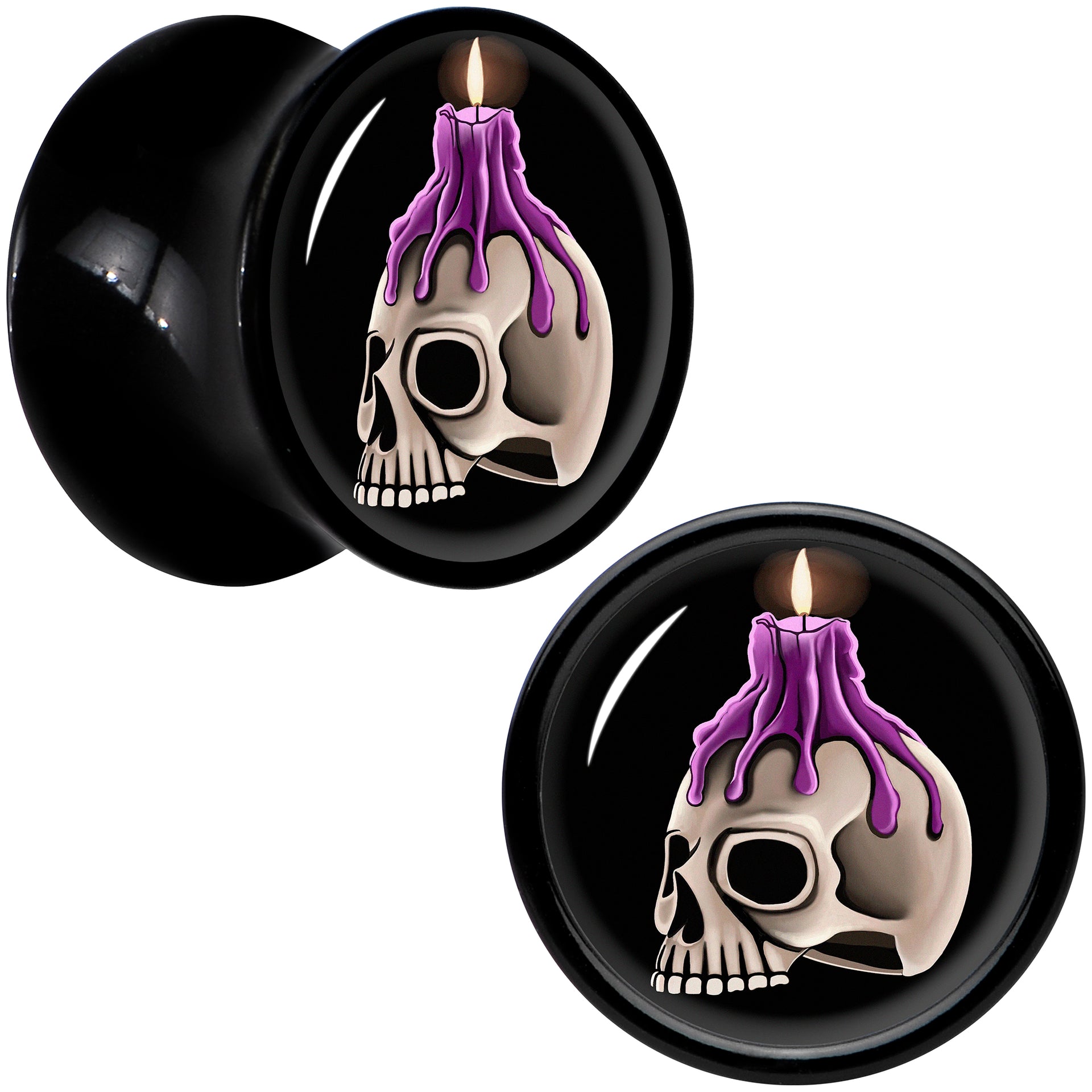Black Acrylic Burning Skull Candle Double Flare Plug Set by Onyx O