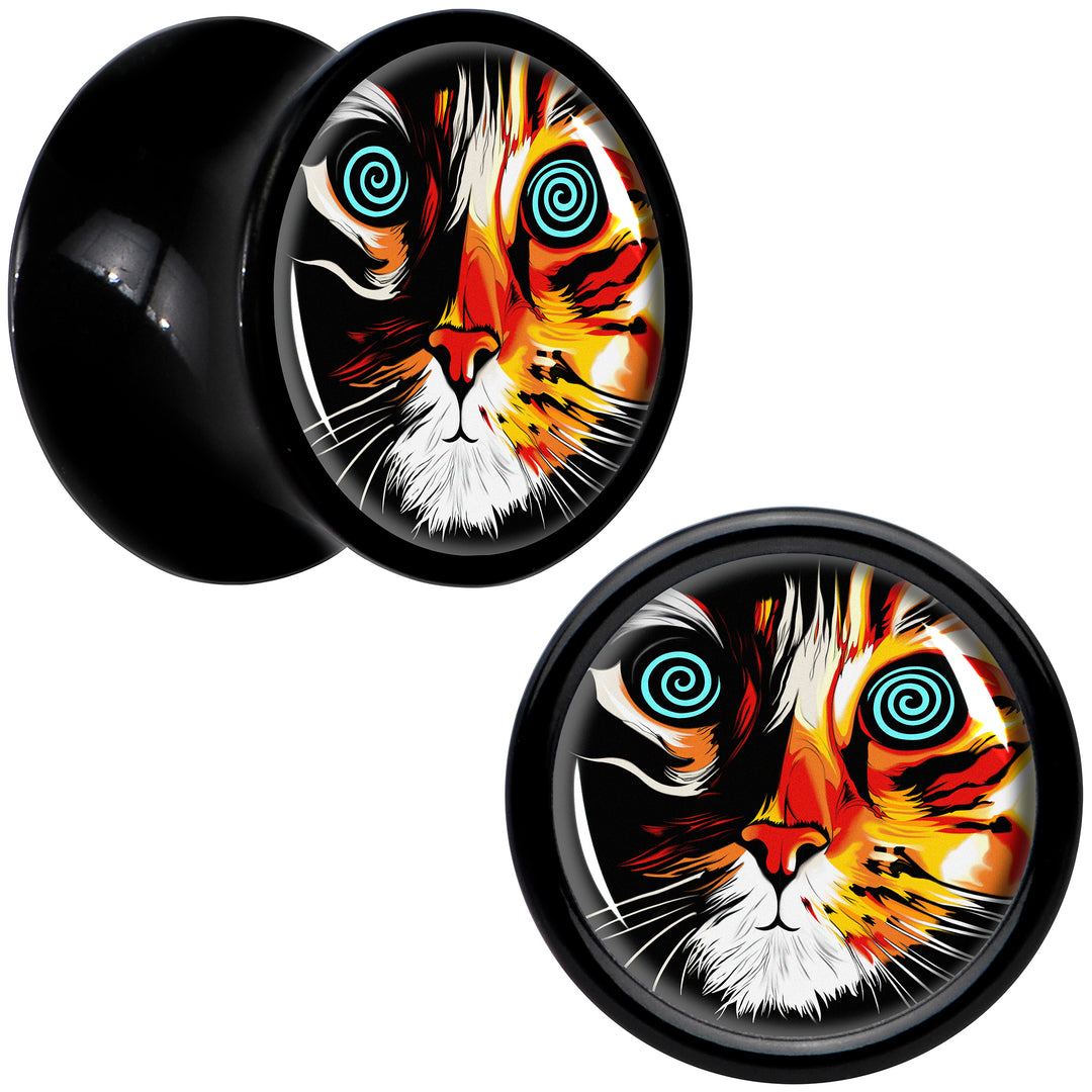 Colorful Trippy Cat Black Acrylic Saddle Plug Set 8mm to 20mm by Onyx O