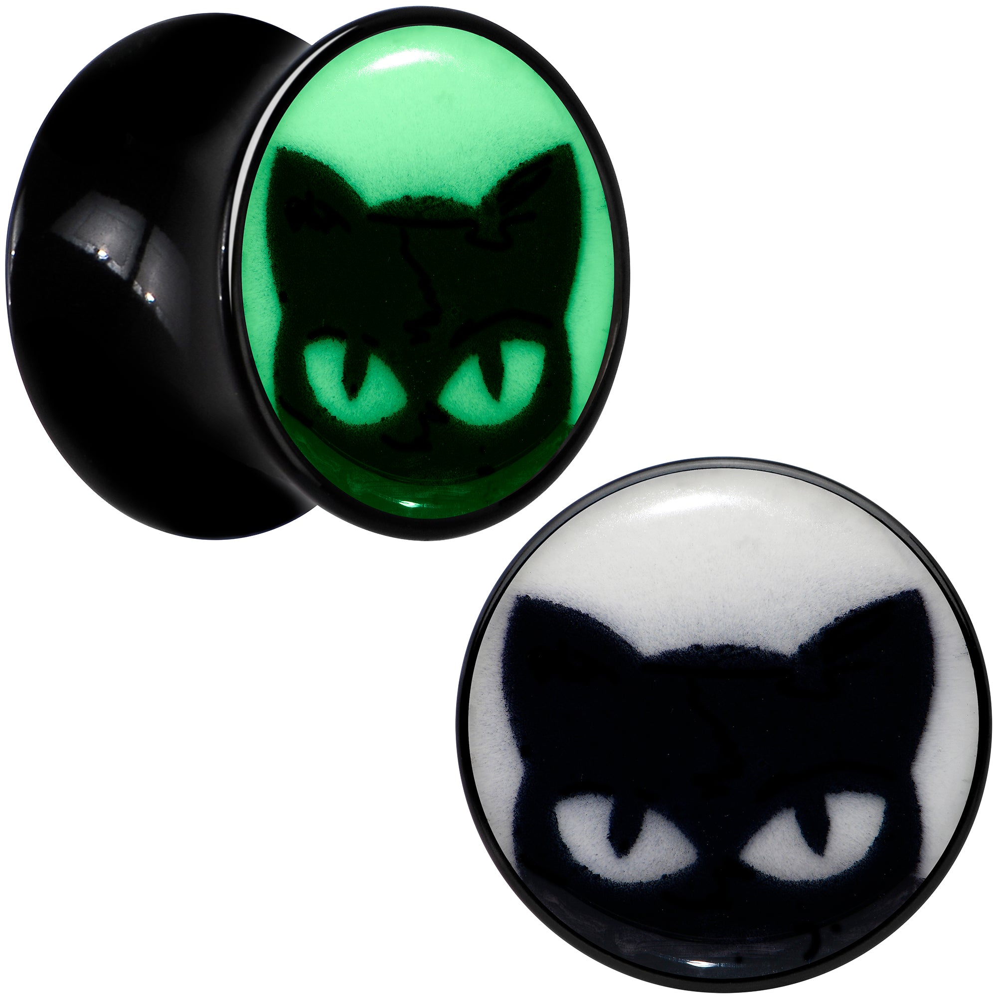 Black Acrylic Glow in the Dark Peeking Cat Double Flare Plug Set