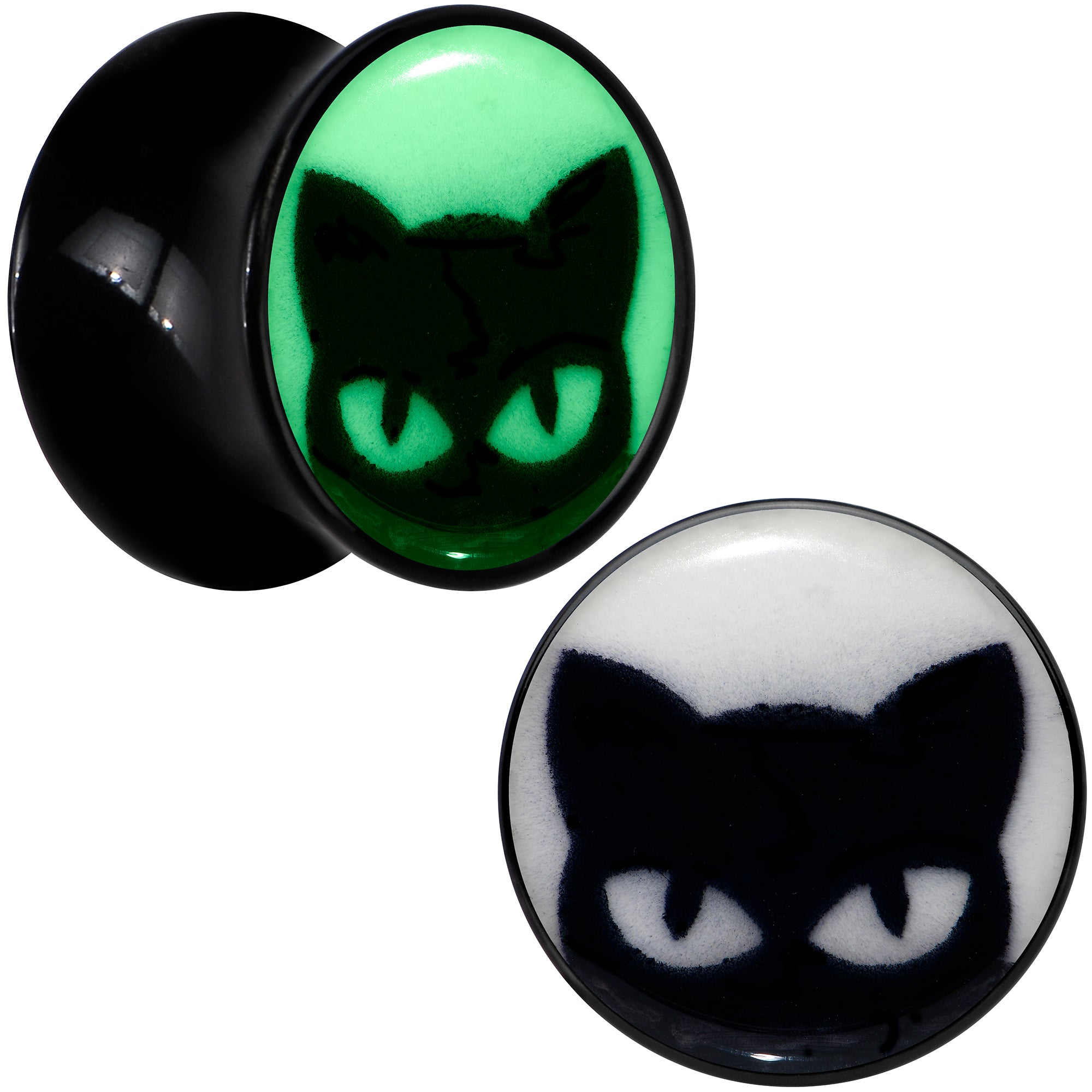 Black Acrylic Glow in the Dark Peeking Cat Double Flare Plug Set