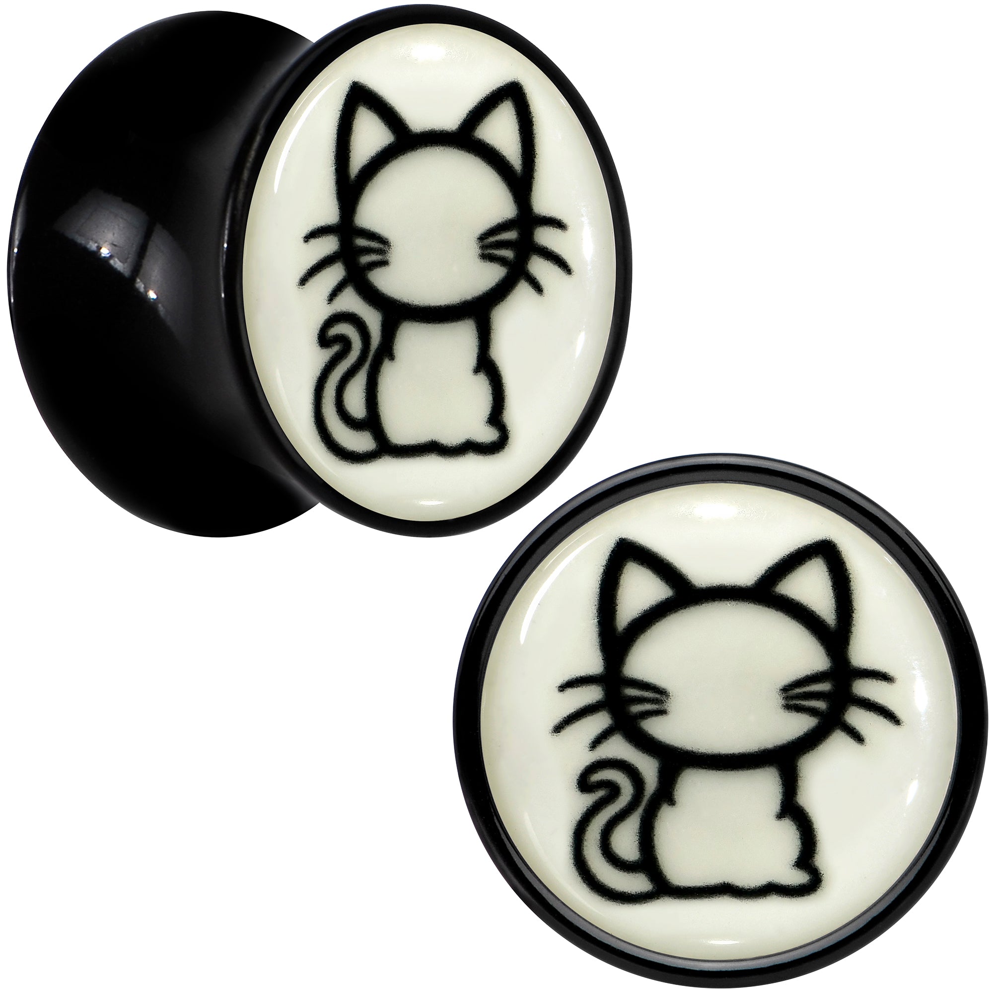 Glow in the Dark Kitty Cat Black Acrylic Saddle Plug Set 8mm to 20mm by Onyx O