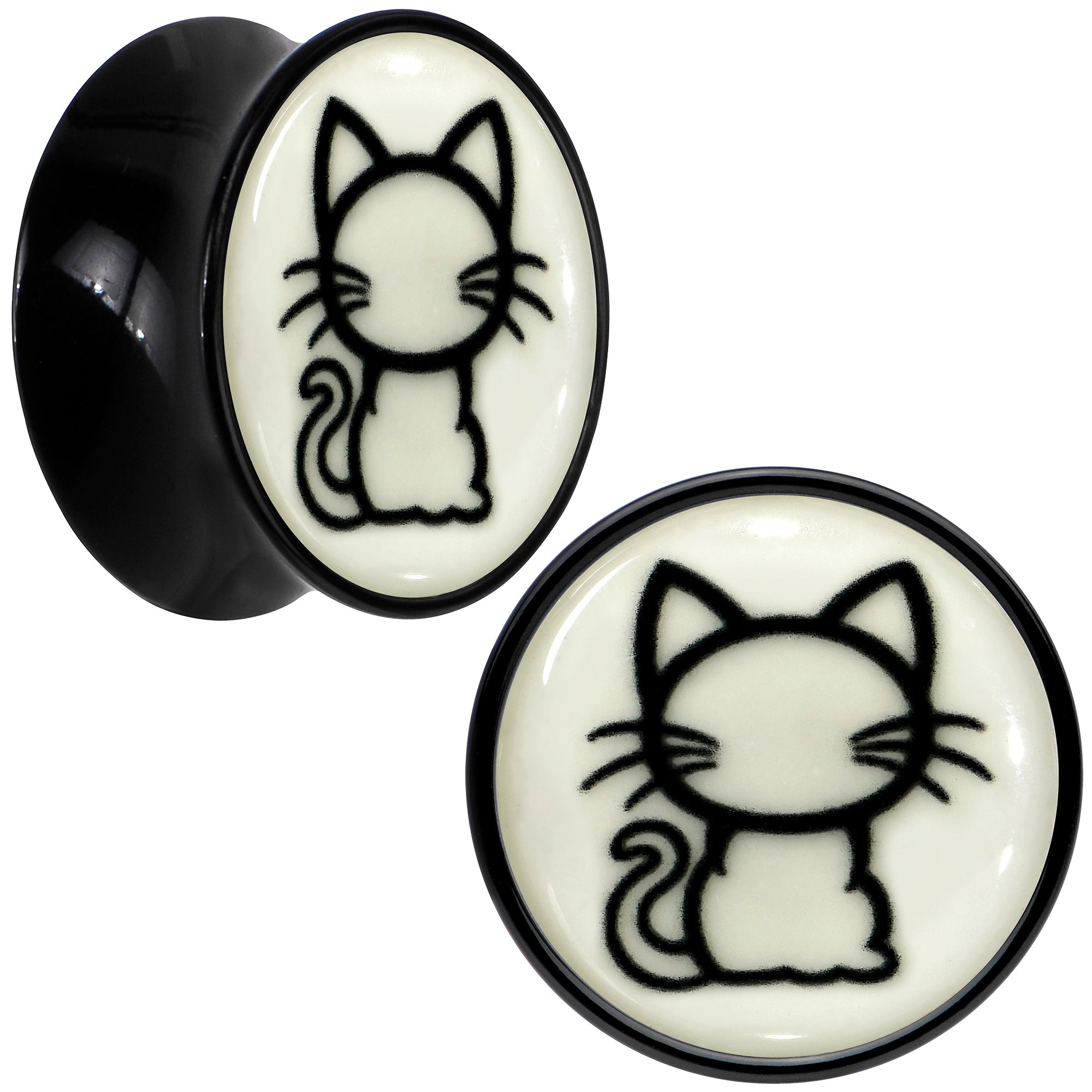 Glow in the Dark Kitty Cat Black Acrylic Saddle Plug Set 8mm to 20mm by Onyx O