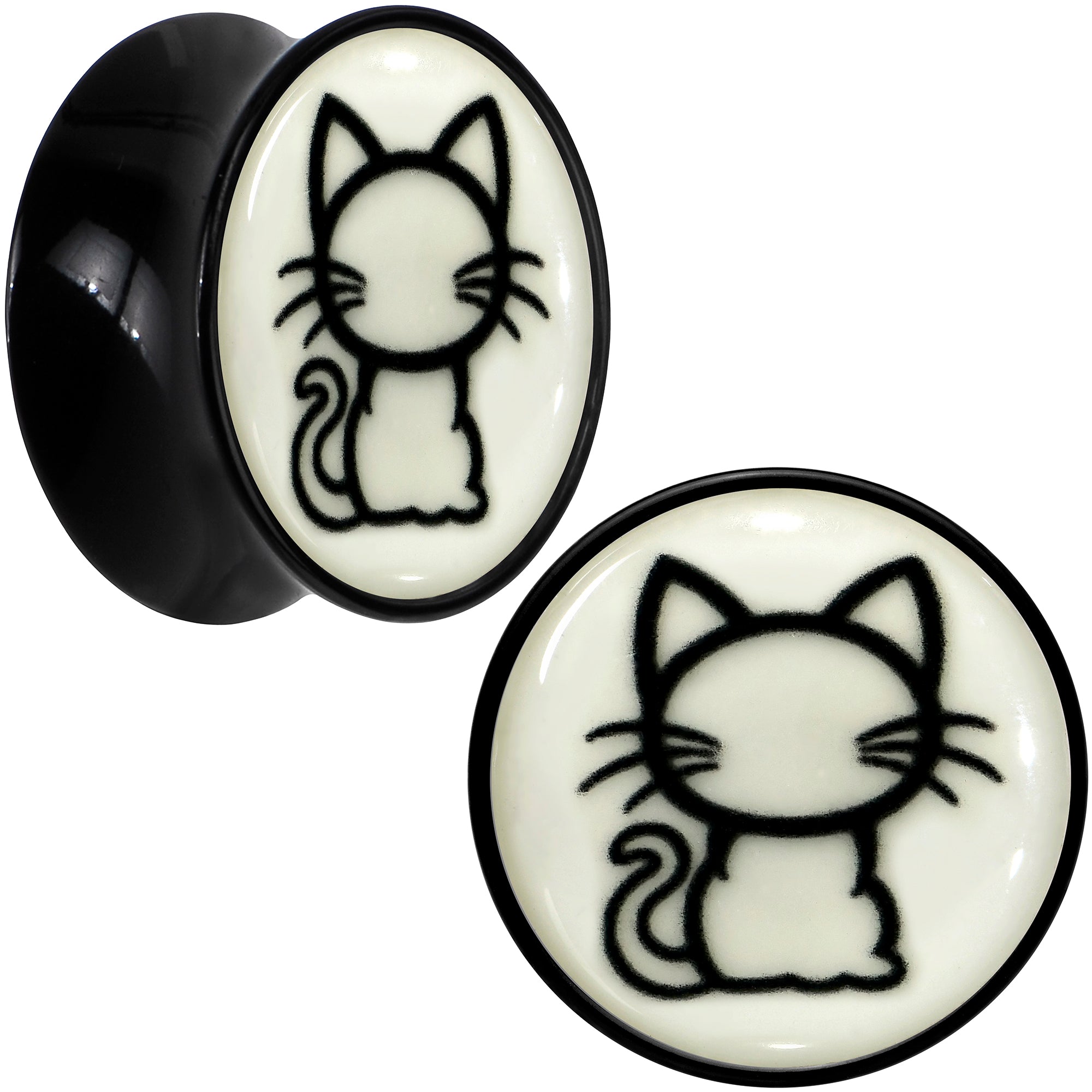Glow in the Dark Kitty Cat Black Acrylic Saddle Plug Set 8mm to 20mm by Onyx O