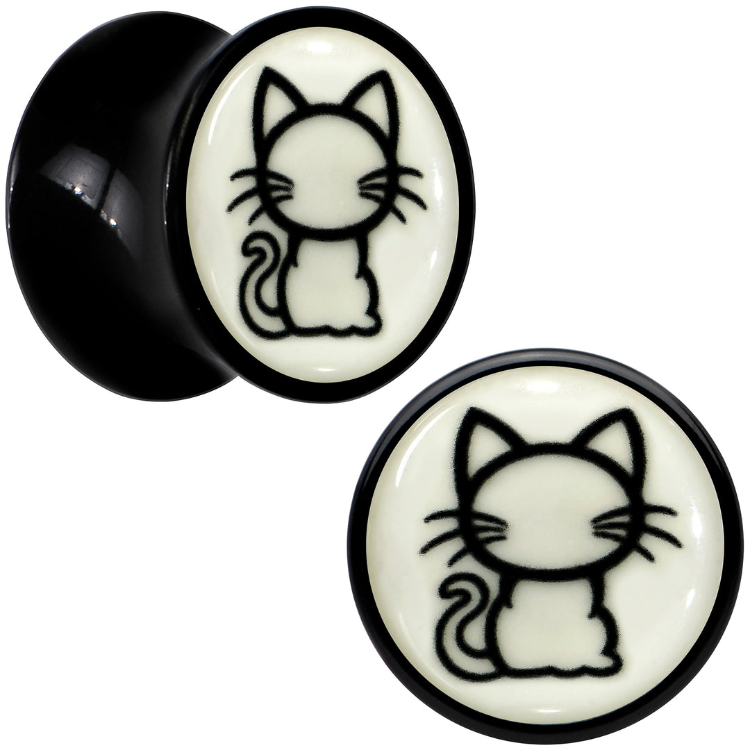 Glow in the Dark Kitty Cat Black Acrylic Saddle Plug Set 8mm to 20mm by Onyx O