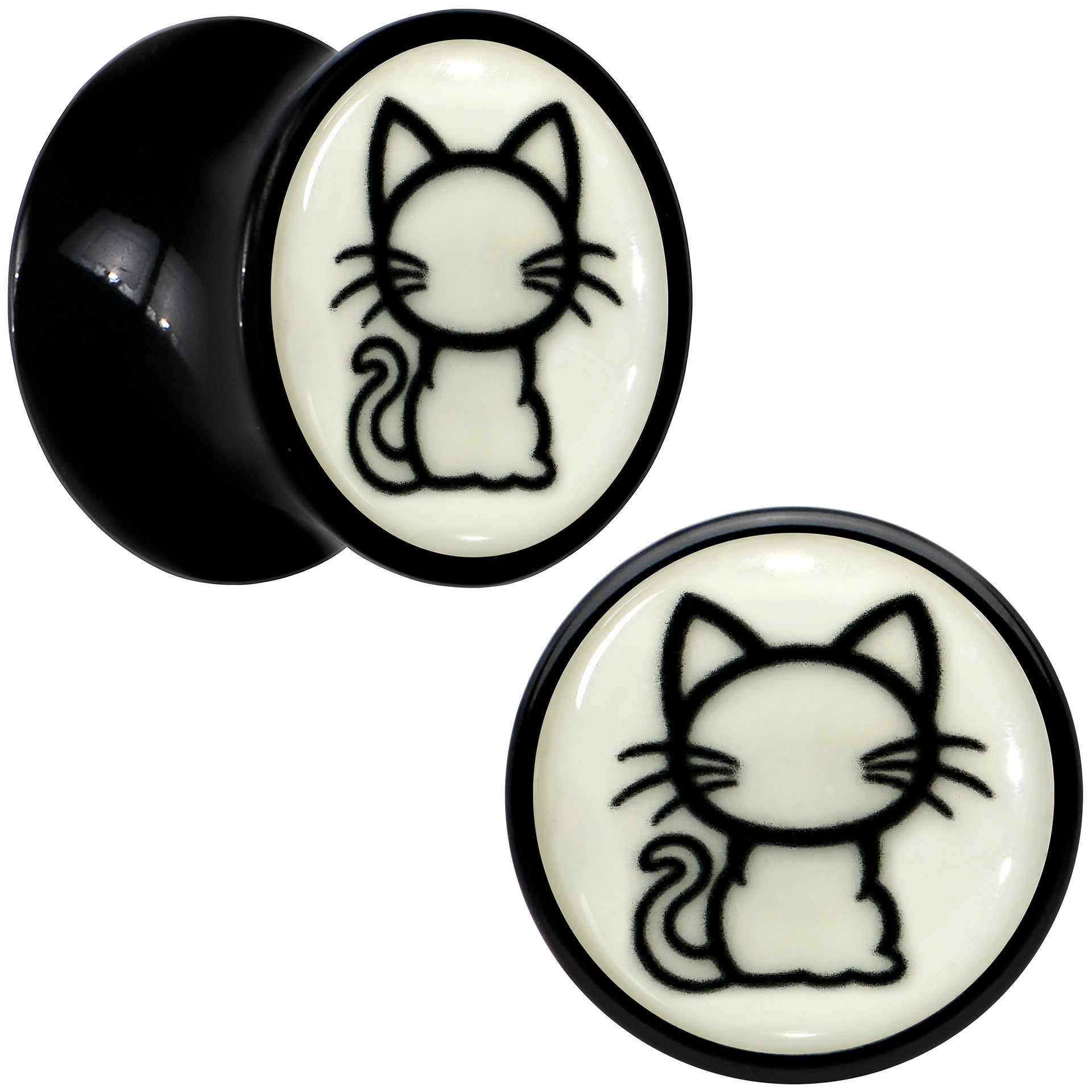 Glow in the Dark Kitty Cat Black Acrylic Saddle Plug Set 8mm to 20mm by Onyx O