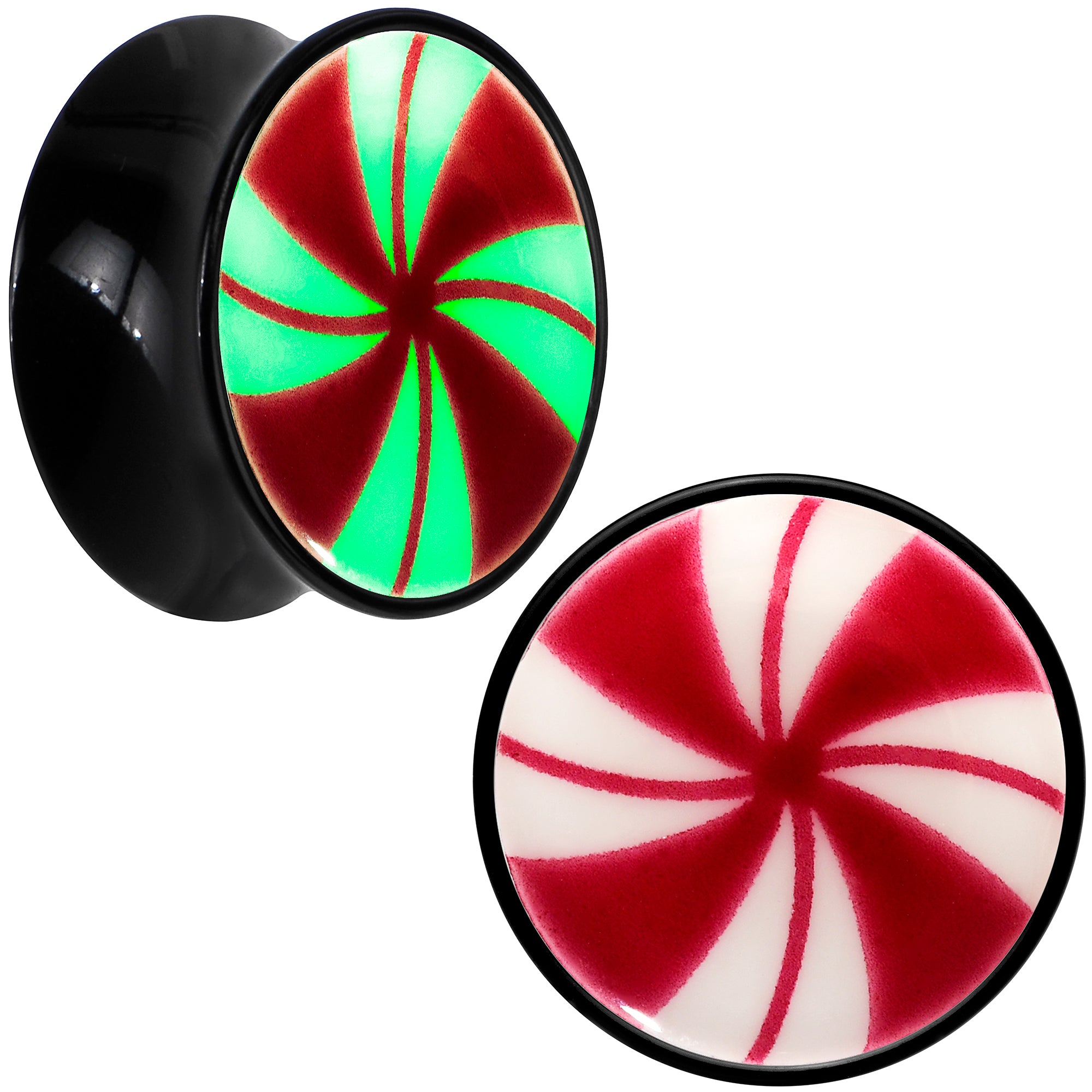 Black Acrylic Peppermint Candy Glow in Dark Double Flare Plug Set