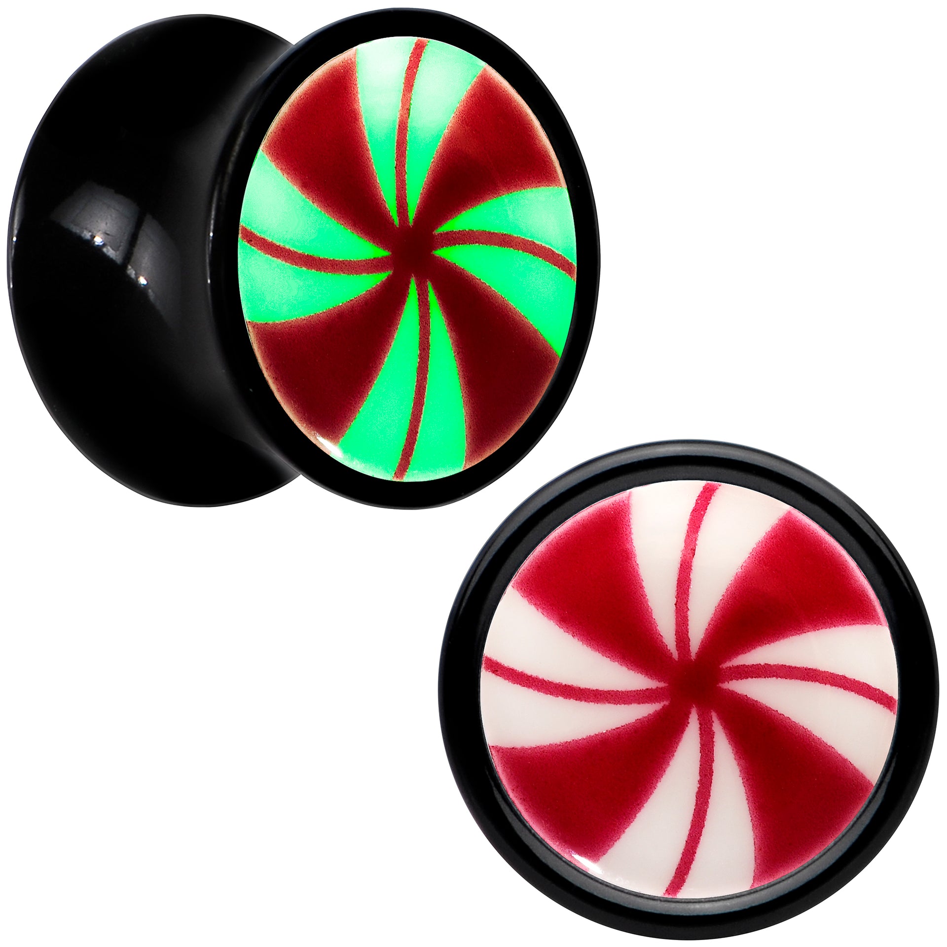 Black Acrylic Peppermint Candy Glow in Dark Double Flare Plug Set by Onyx O