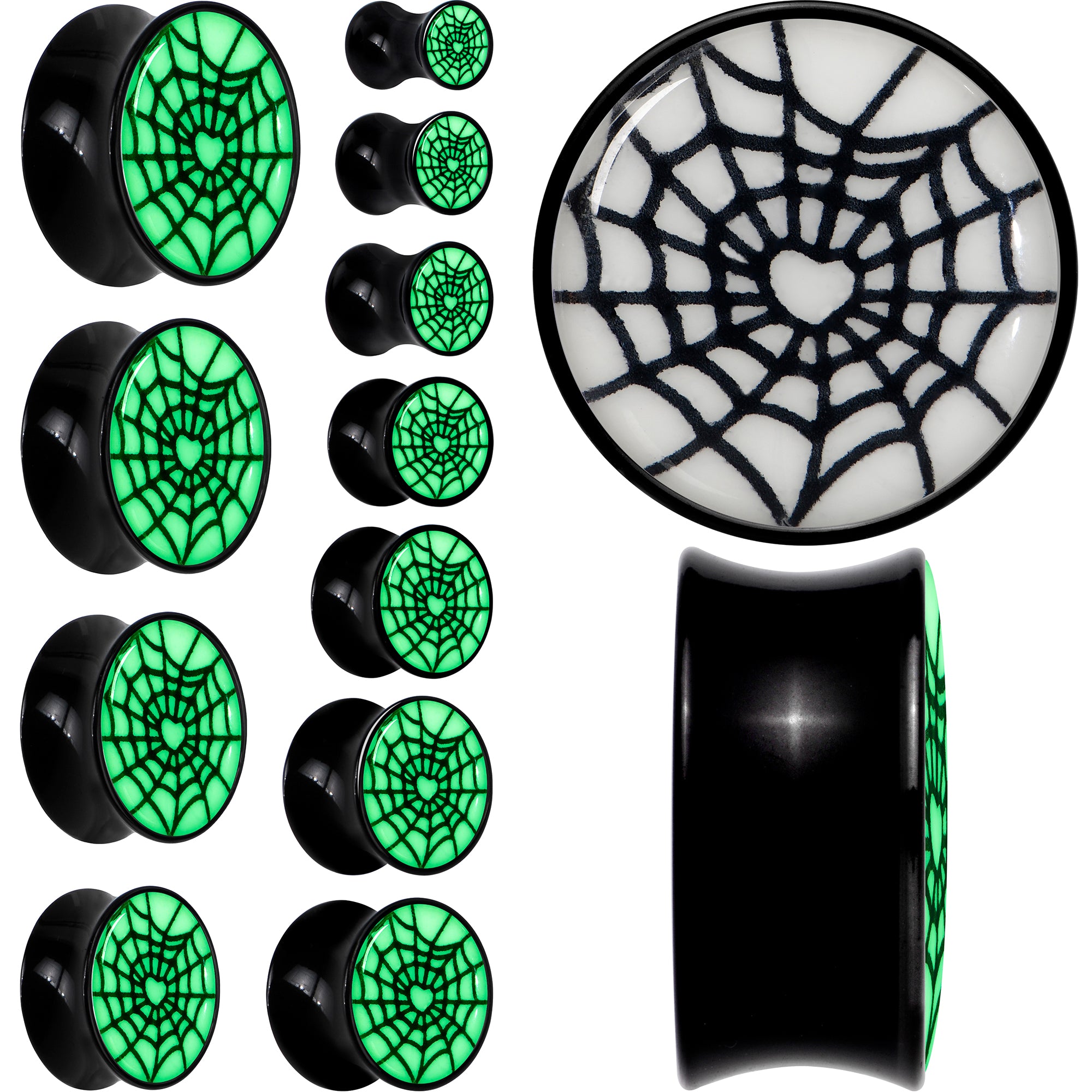 Black Acrylic Heart Spider Web Glow in the Dark Double Flare Plug Set