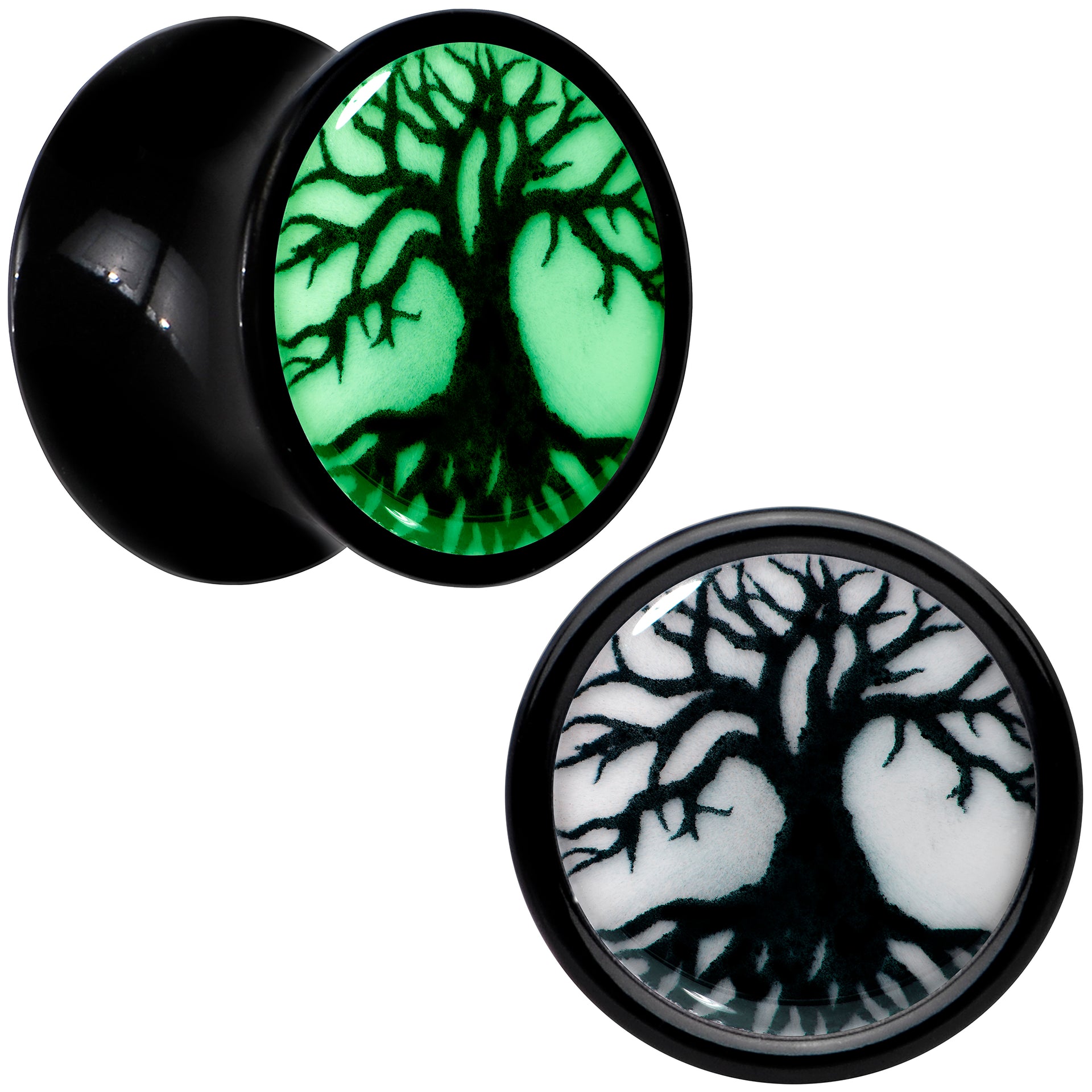 Black Acrylic Tree Of Life Glow in the Dark Double Flare Plug Set by Onyx O