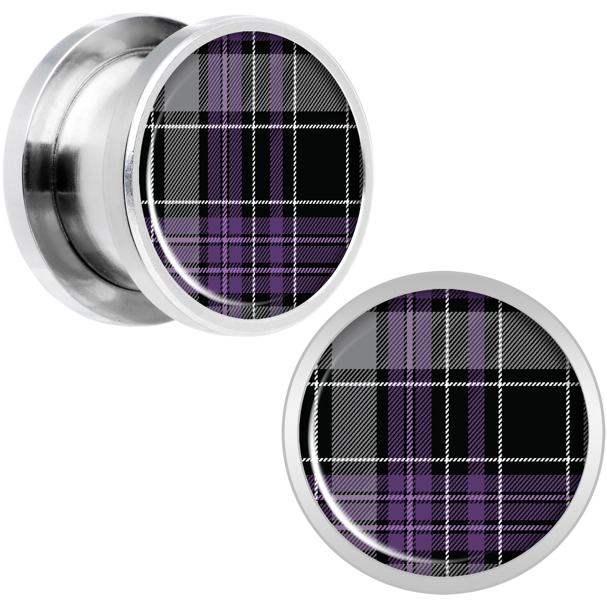 Winter Purple Black Plaid Screw Fit Plug Set Sizes 5mm to 20mm
