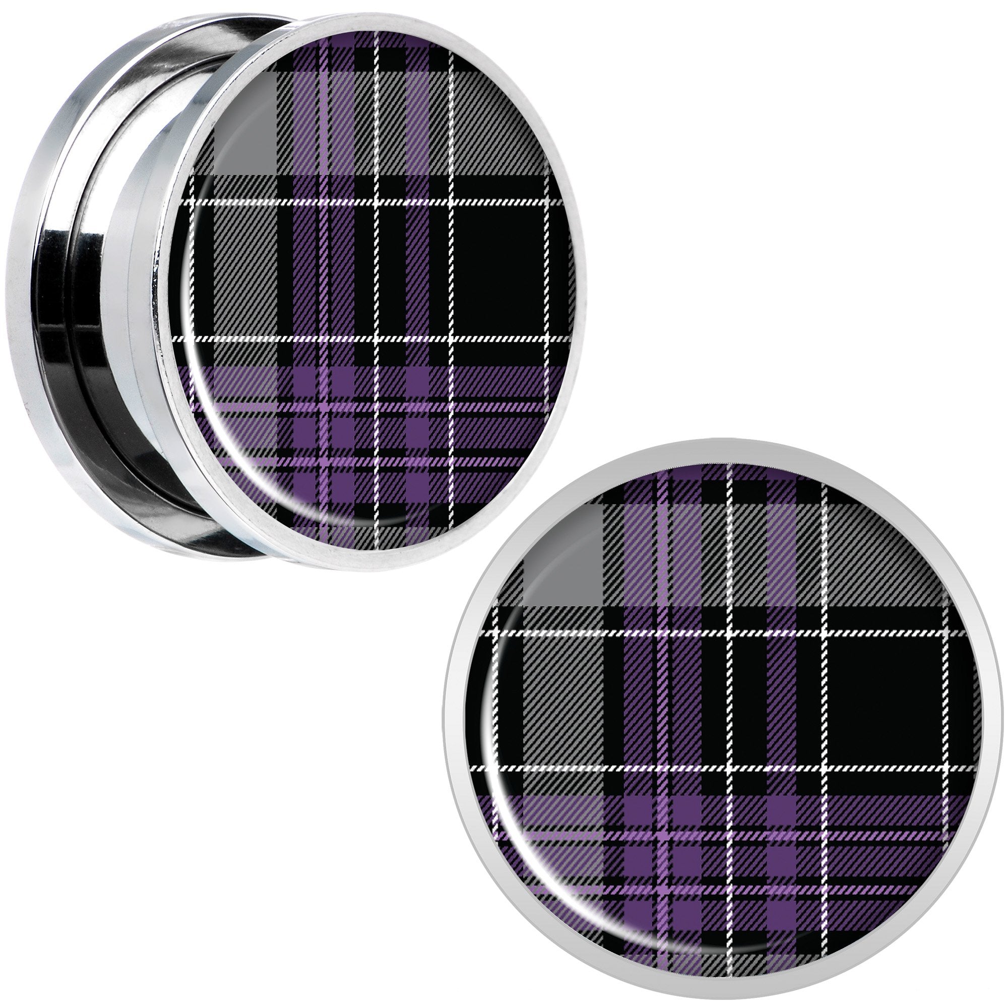 Winter Purple Black Plaid Screw Fit Plug Set Sizes 5mm to 20mm