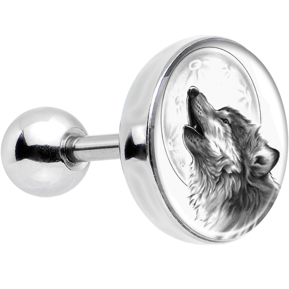 16 Gauge Black and White Howling Wolf Tragus Cartilage Earring