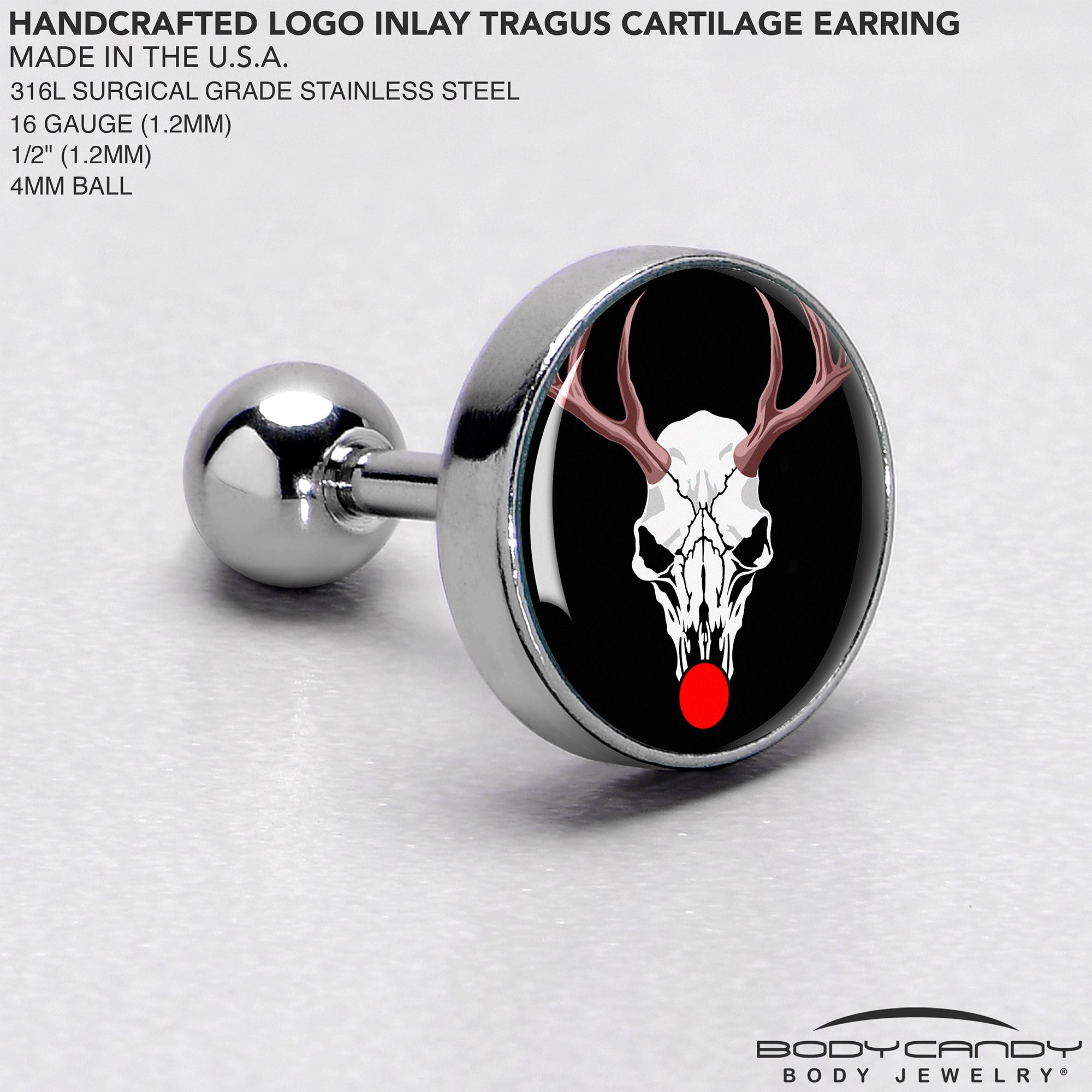16G 1/4 Holiday Dead Nosed Reindeer Tragus Cartilage Earring by Onyx O