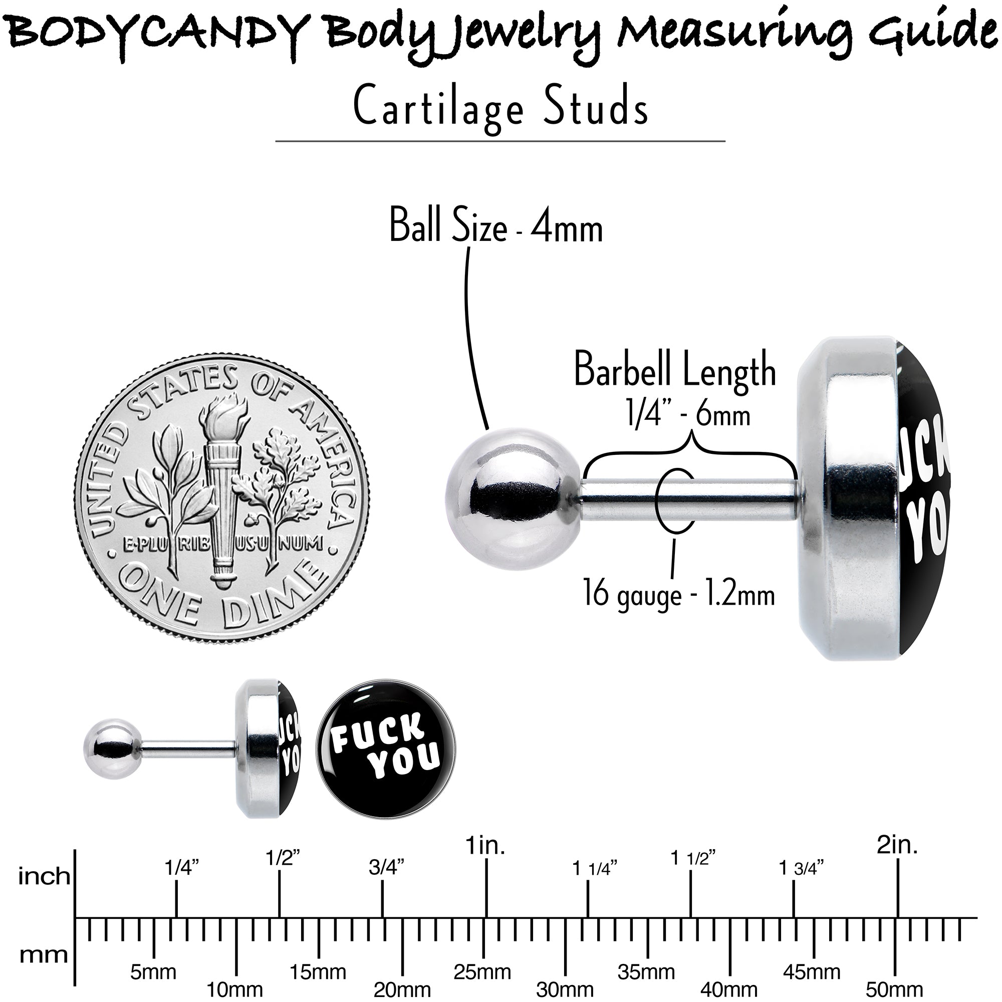 16G 1/4 F*ck You Black White Cartilage Tragus Earring