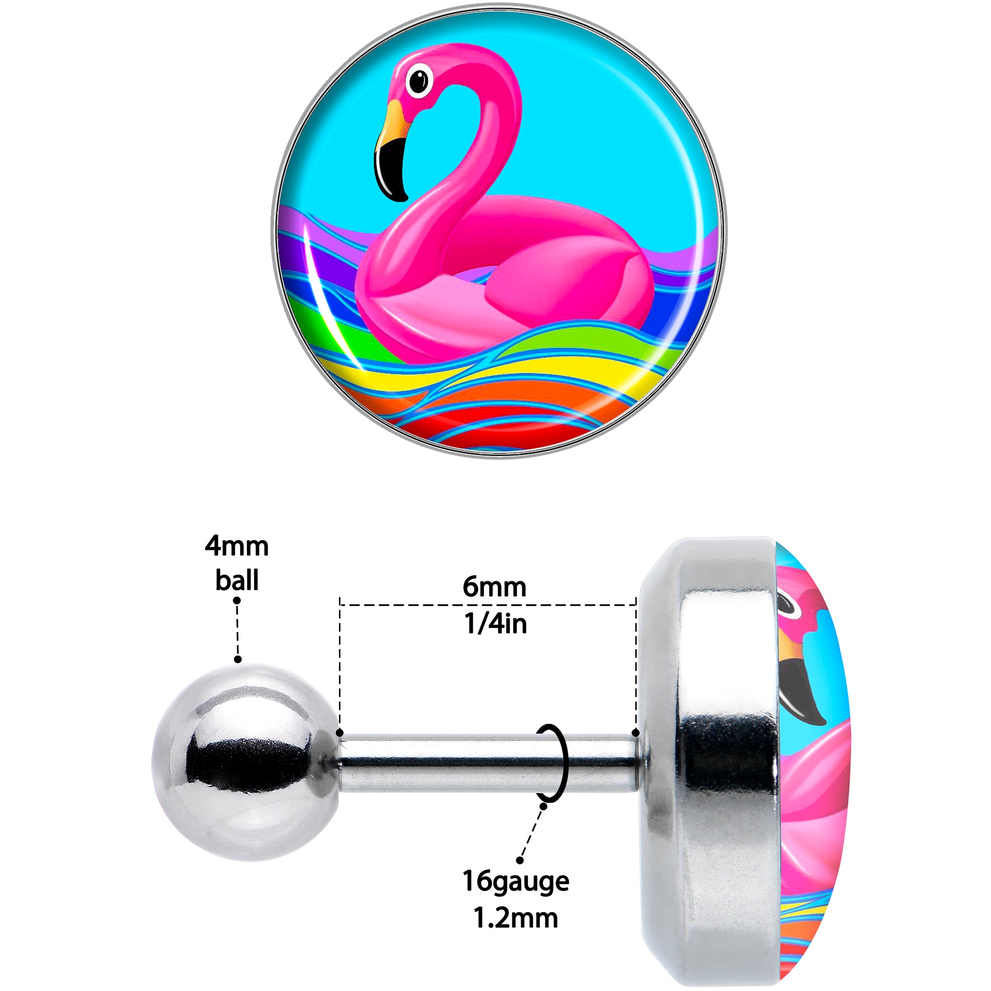16 Gauge 1/4 Rainbow Sea Floating Flamingo Cartilage Tragus Earring