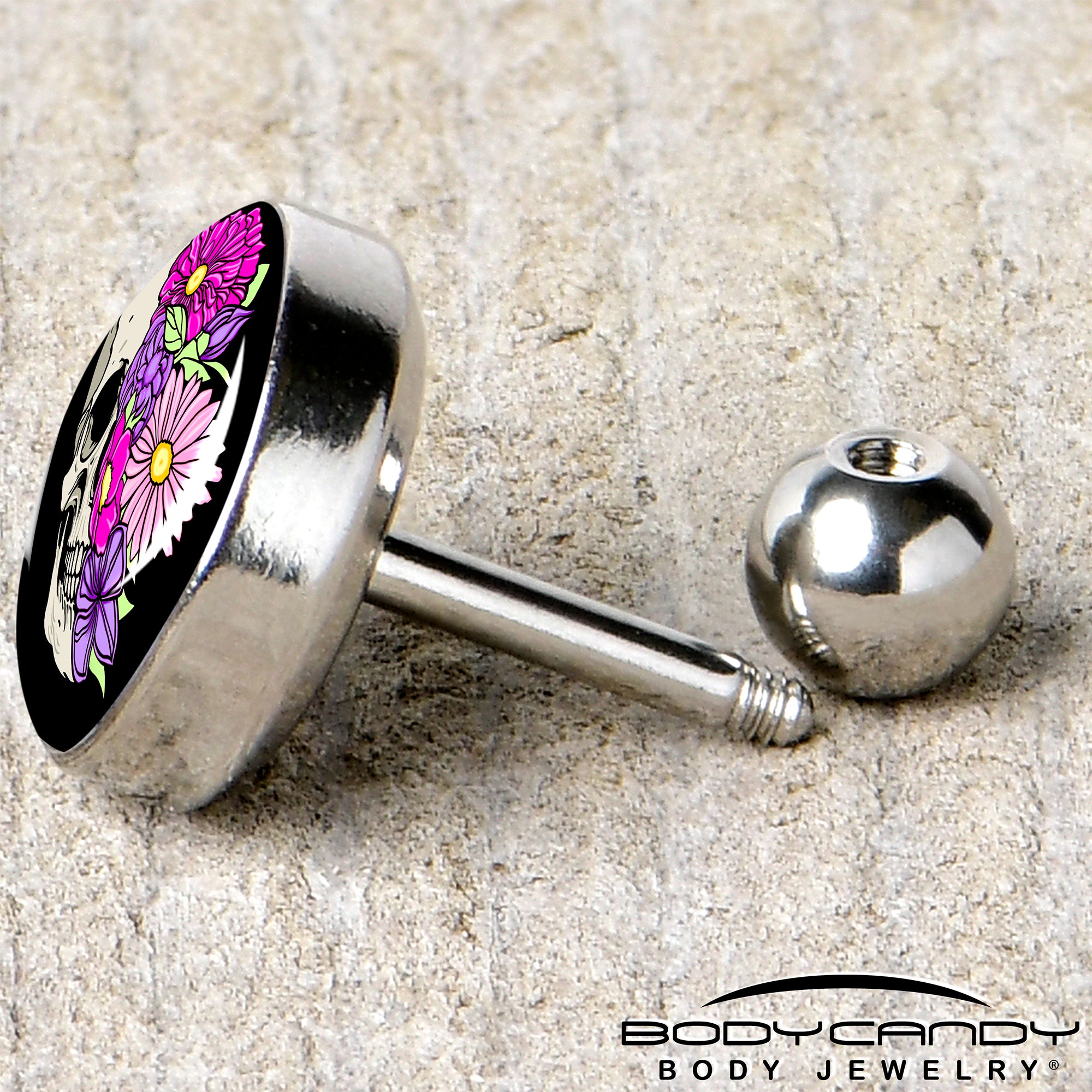 16G 1/4 Floral Flowers Skull Cartilage Tragus Earring by Onyx O