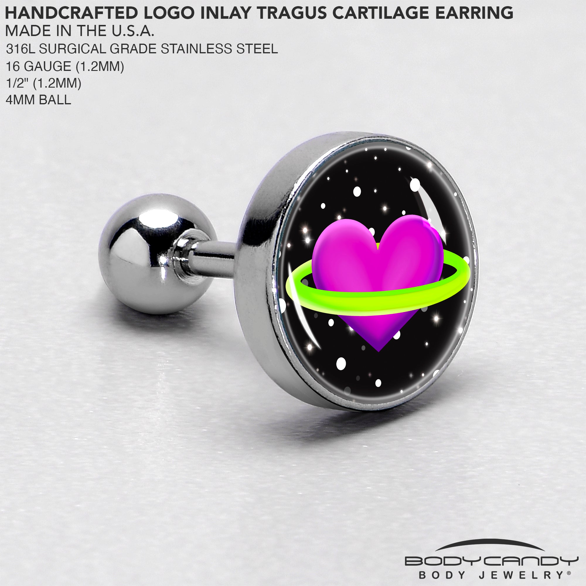 16g CZ Heart Dangle Tragus Barbell – Surgical Steel, 6mm, Helix Cartilage Ring, Cubic Zirconia By Lobal Domination