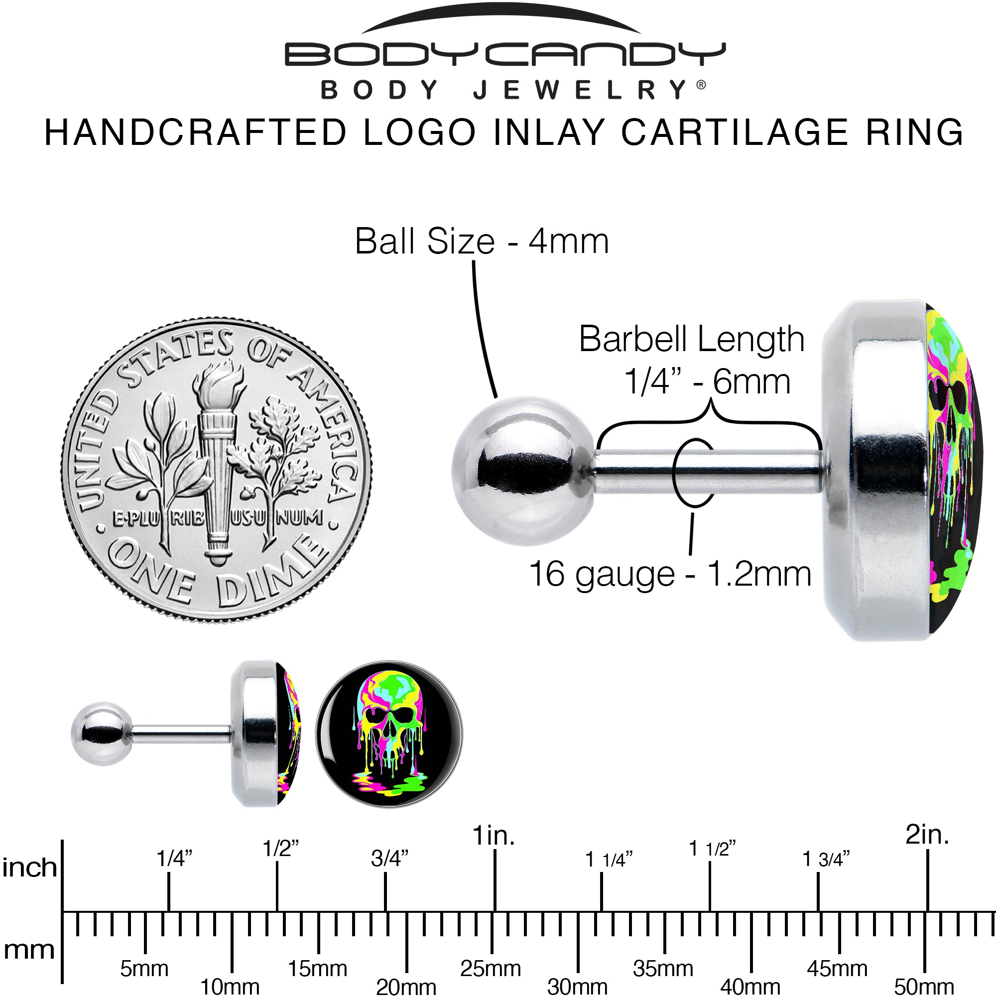 16G 1/4 Ultra Bright Melting Skull Tragus Cartilage Earring by Onyx O