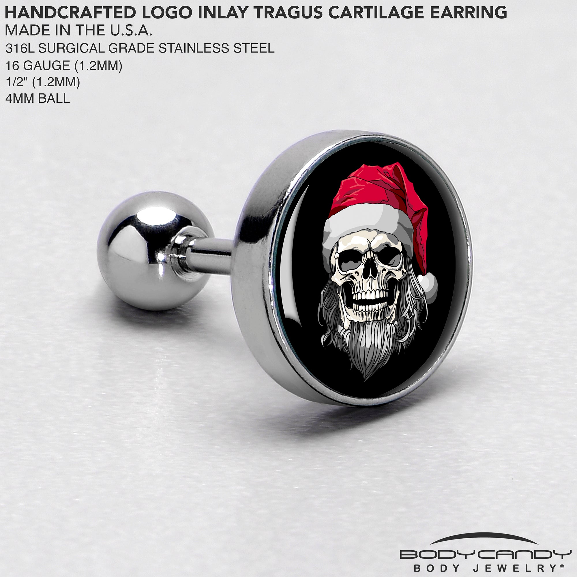 16 Gauge 1/4 Holiday Skeleton Santa Claus Tragus Cartilage Earring