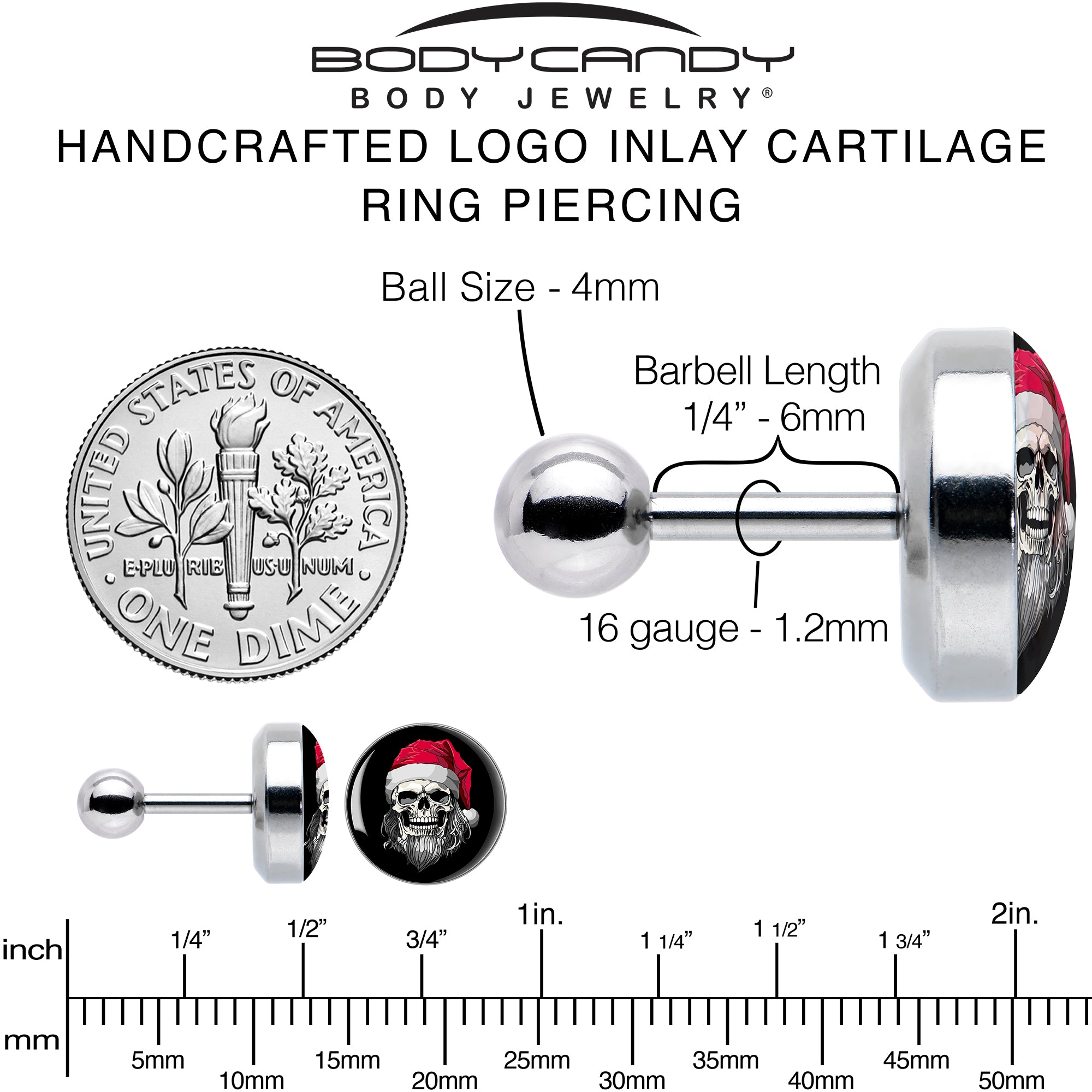 16G 1/4 Holiday Skeleton Santa Claus Tragus Cartilage Earring by Onyx O