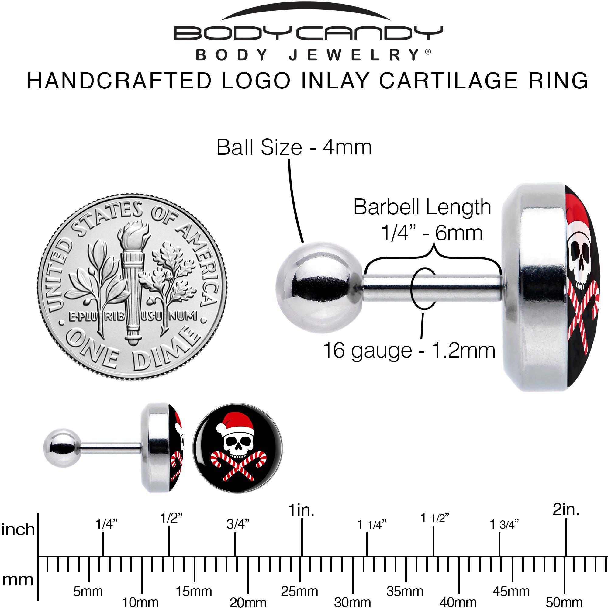 16G 1/4 Santa Pirate Candy Cane Tragus Cartilage Earring by Onyx O